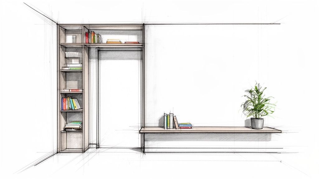 En detaljeret skitse af en indbygget reol og en lang væghylde med bøger og en plante, der viser moderne design.