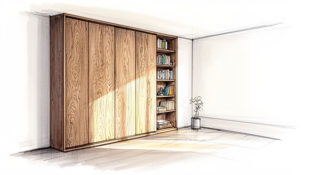 Detaljeret illustration af et specialdesignet træskab med skydedøre og integreret reol. Sollys falder ind i rummet.