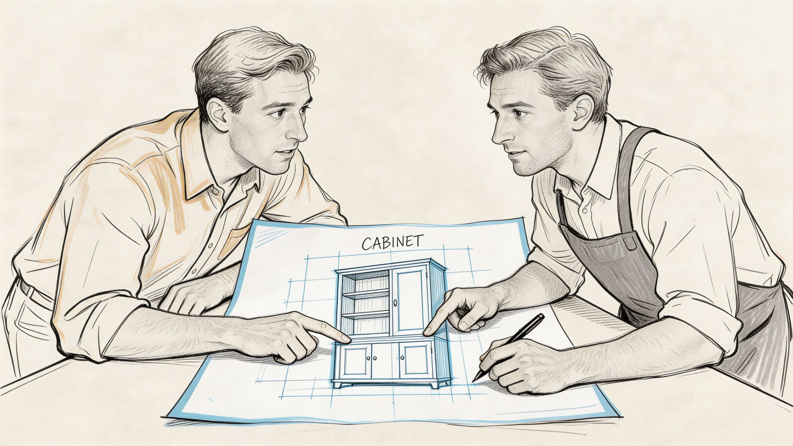 To mænd samarbejder og peger på en blå plantegning af et skab, som de designer sammen.