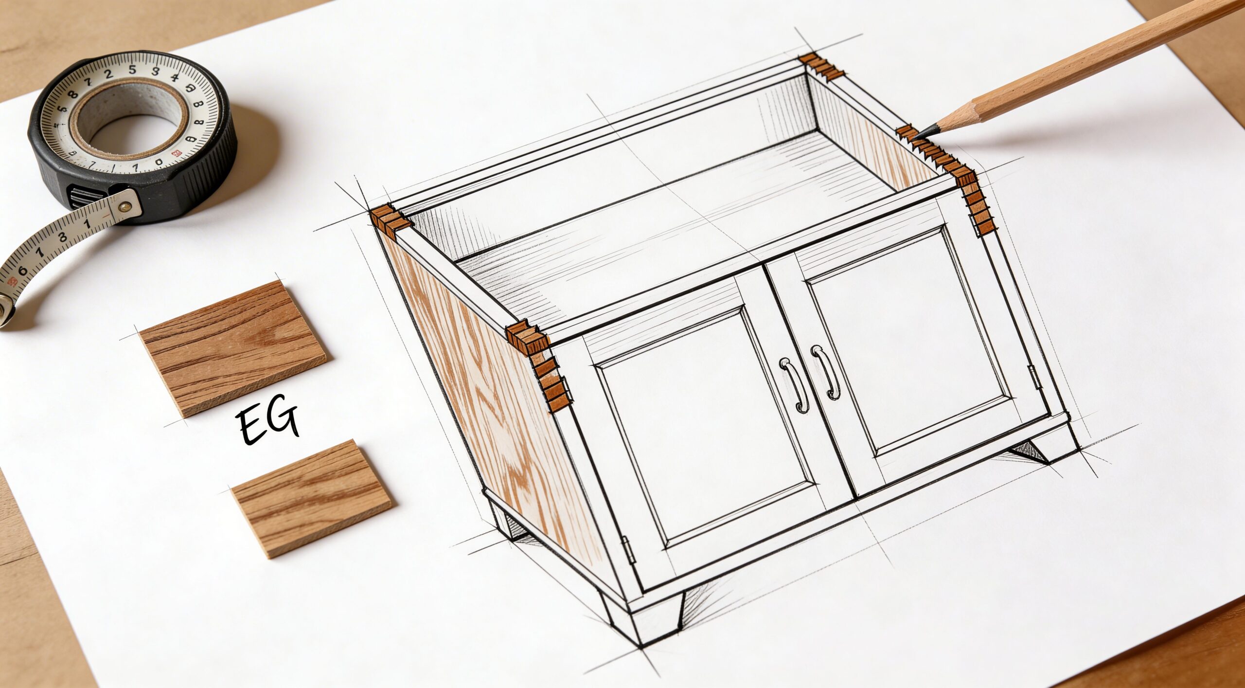 Snedkerarbejde med skab, håndtegnet plan for specialfremstillet snedkeri.