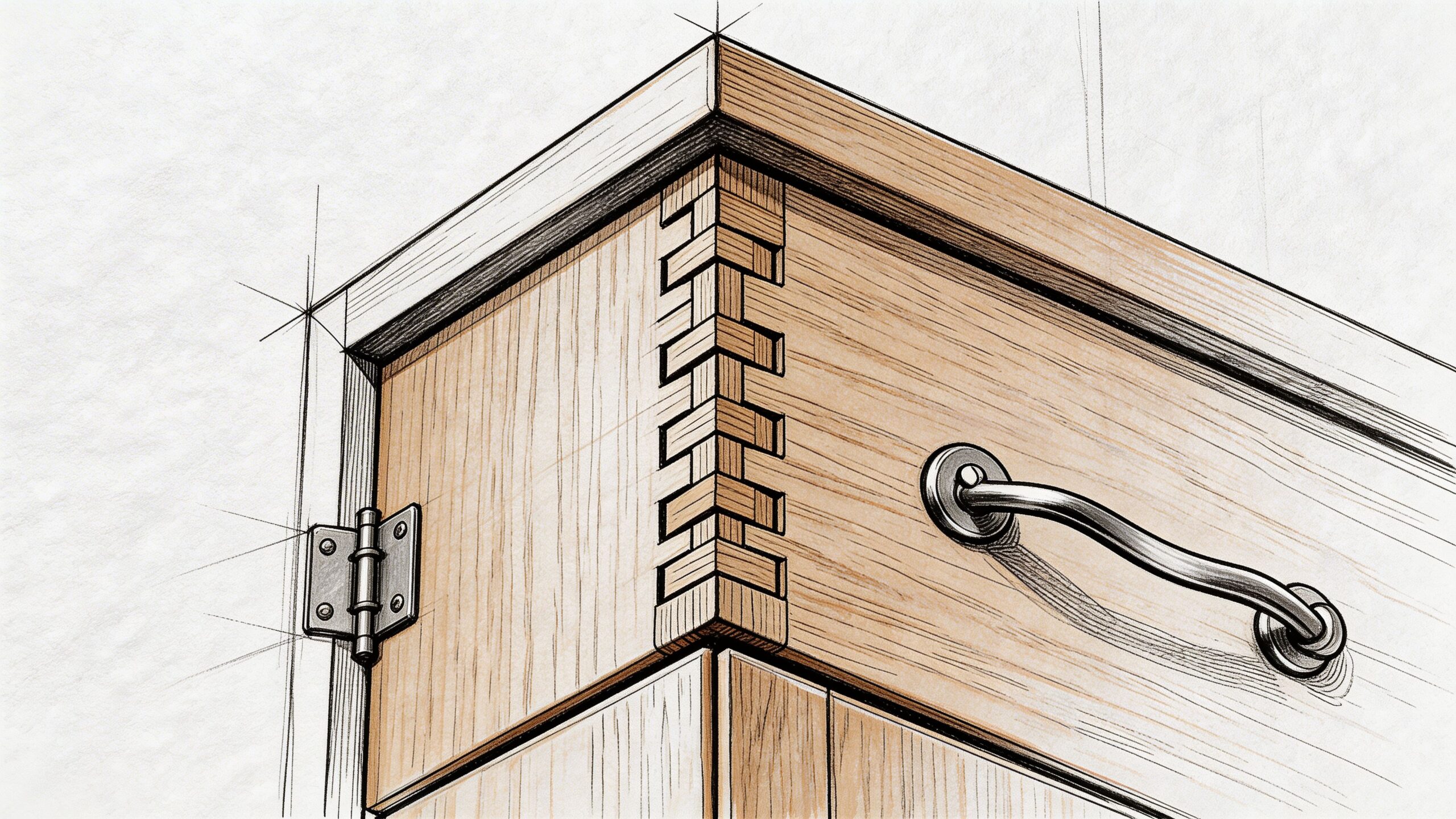 En detaljeret illustration af et træmøbel med svalehalesamlinger, metalhængsel og et håndtag på en skabslåge.