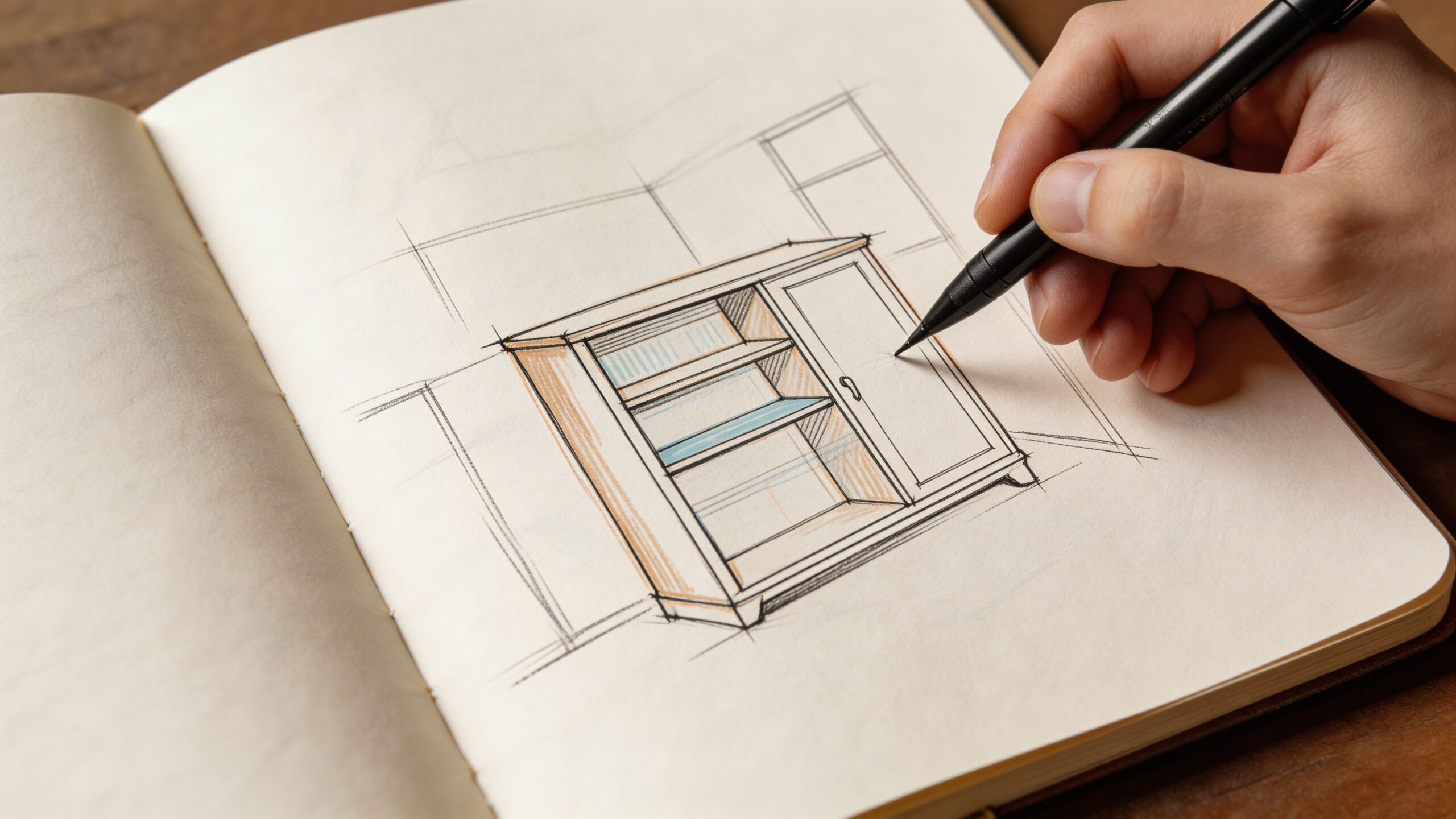 En håndtegnet skitse af et skab med hylder og en dør, tegnet i en notesbog med sort pen.