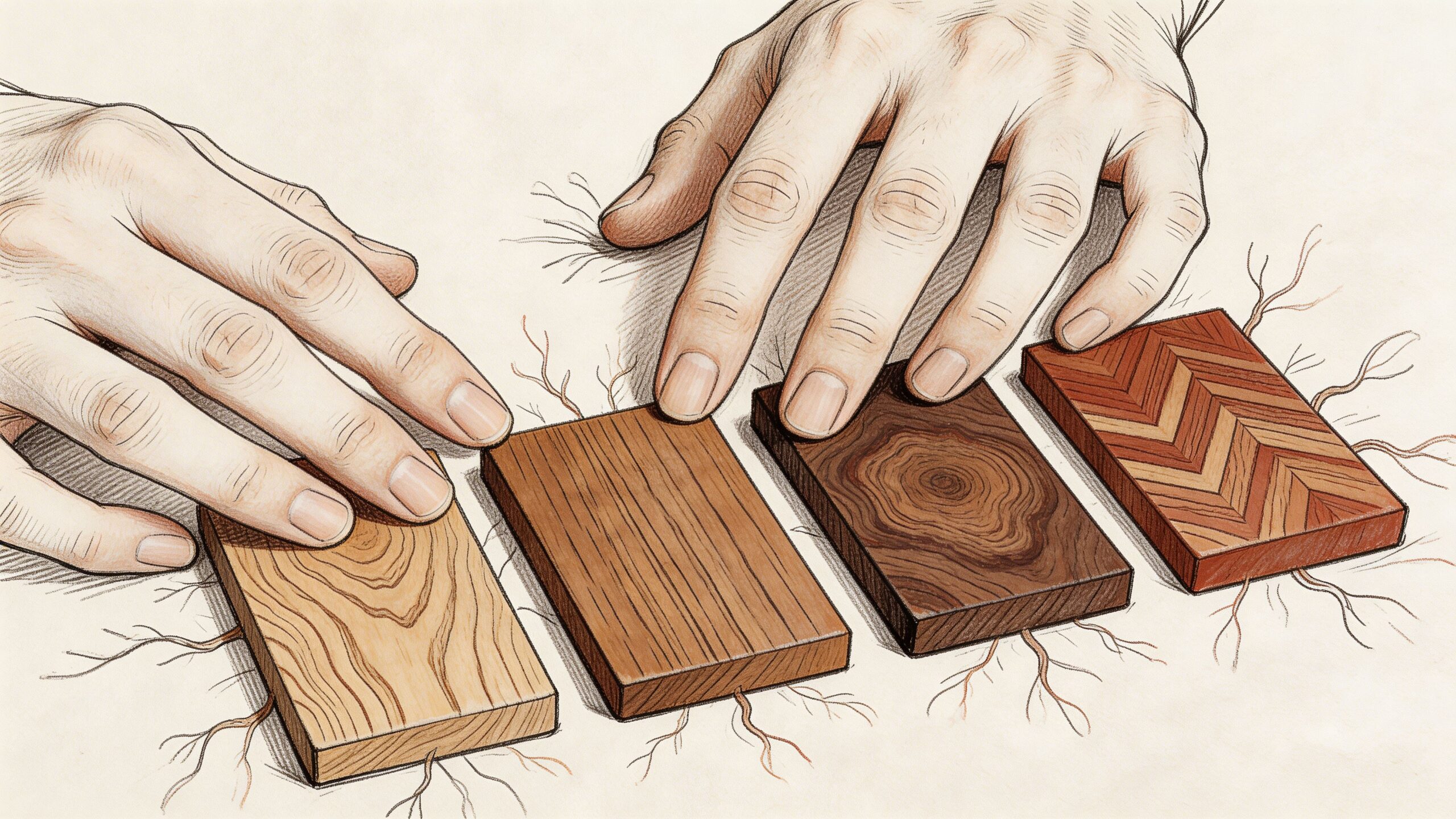 Hænder der vælger mellem forskellige træprøver til et møbeldesignprojekt på en baggrund med fine rodmønstre.