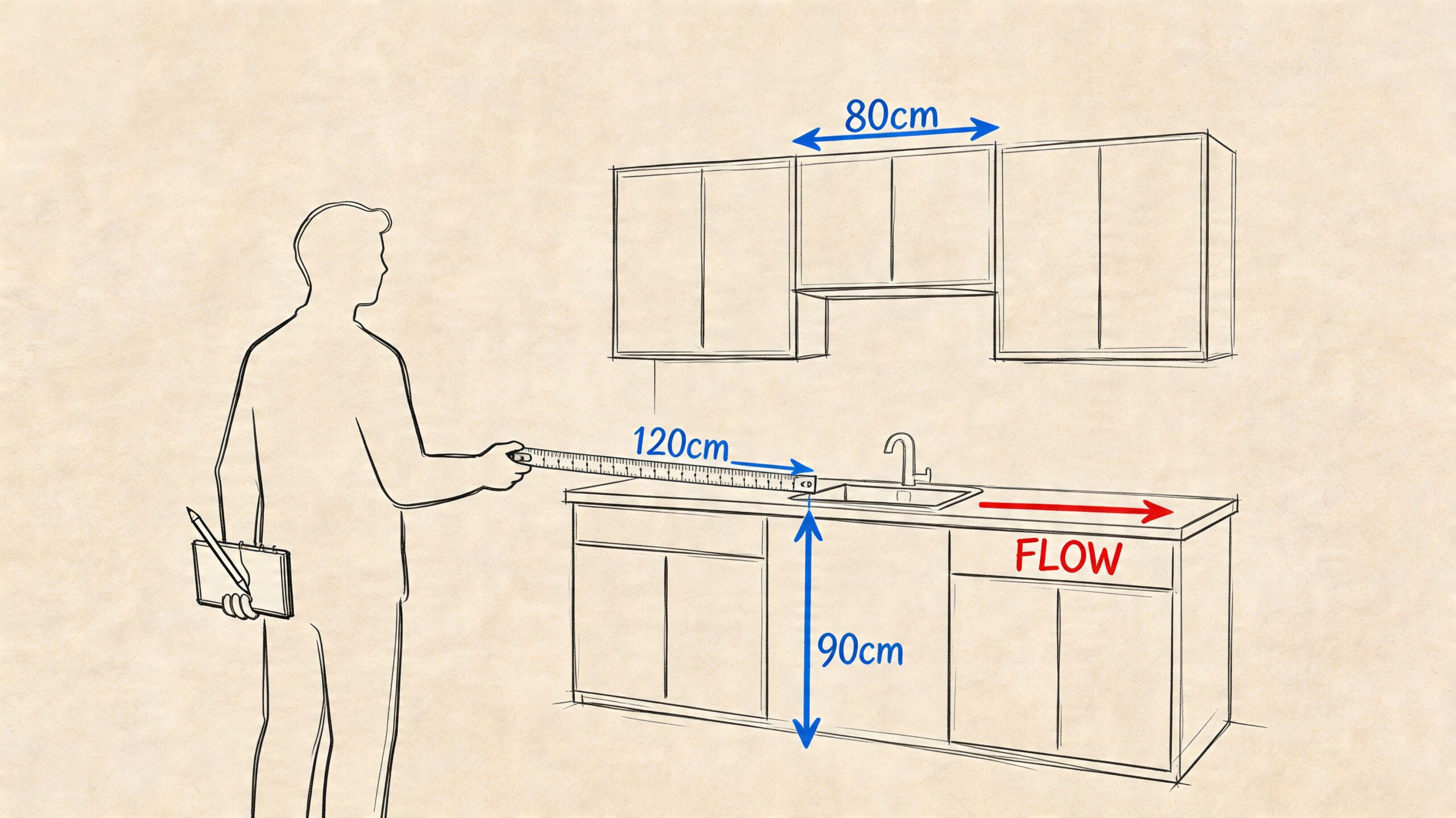 En person måler en køkkenbordplade med et målebånd foran overskabe og en køkkenvask i en skitsetegning.
