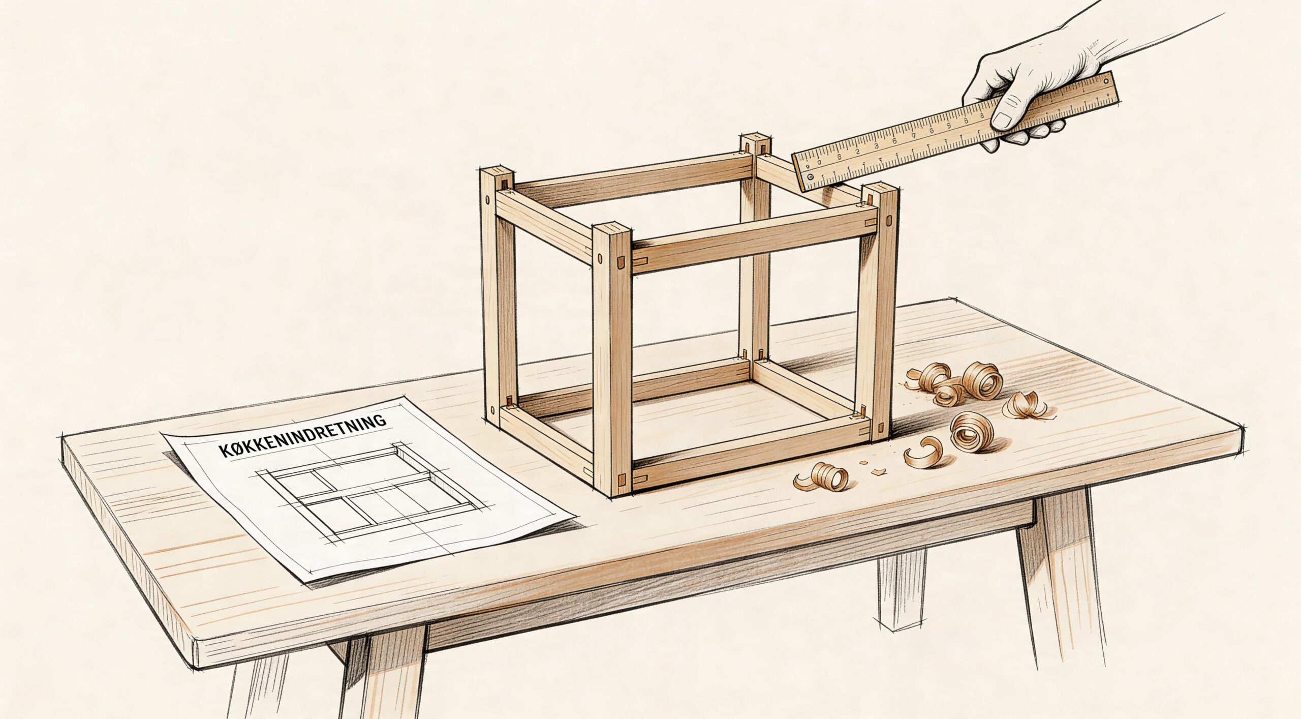 Snedkerarbejde af træramme med præcist måling og håndværk.