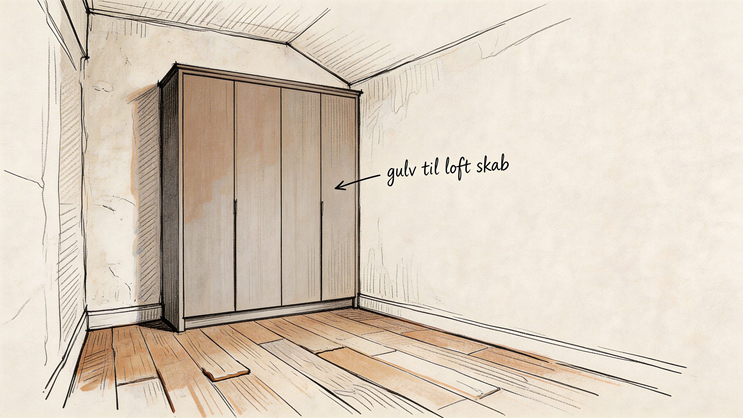 En illustration af et moderne gulv til loft skab placeret i et lyst værelse med trægulv.
