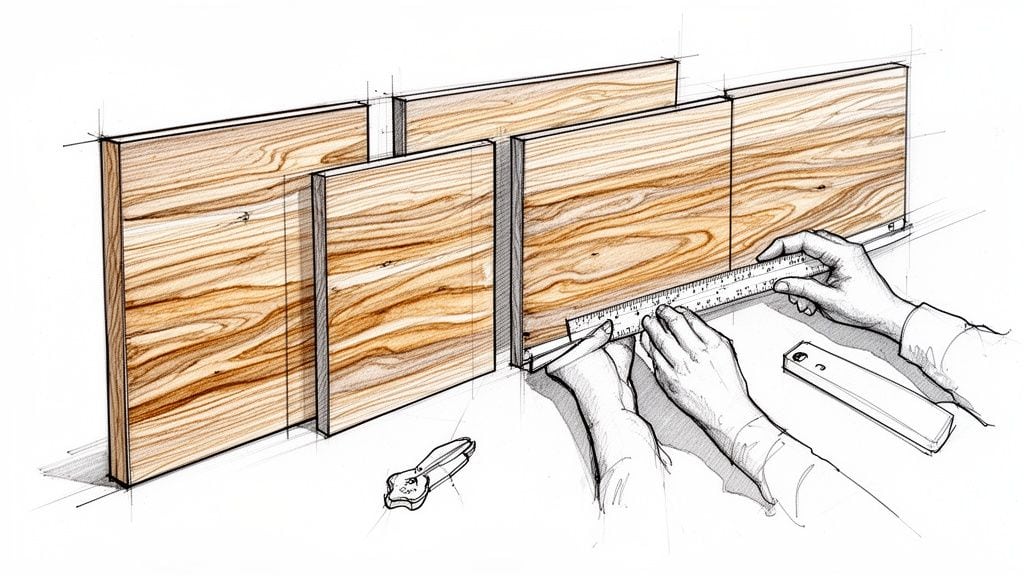 Detailbillede af hænder, der måler træfronter til et køkkenprojekt med en lineal.