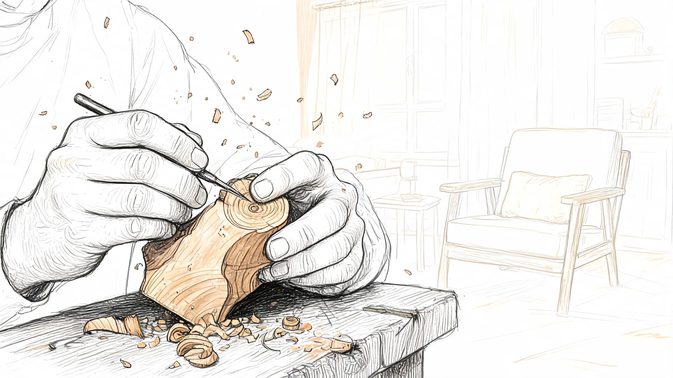 En detaljeret illustration af en håndværker, der koncentreret udskærer et mønster i et stykke træ med et lille værktøj.