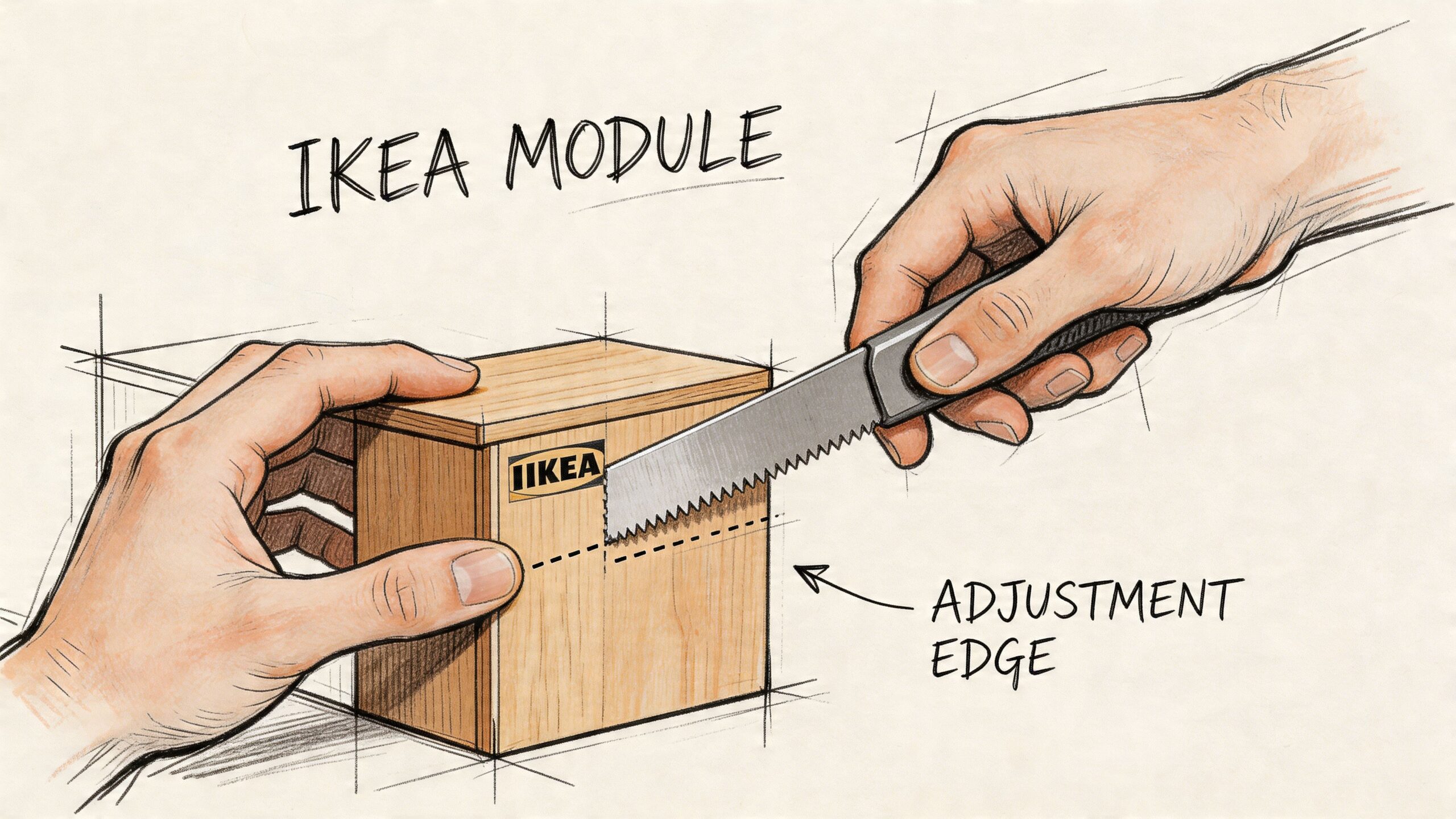 En illustration af en person, der saver i et IKEA-modul for at tilpasse det til eget projekt.