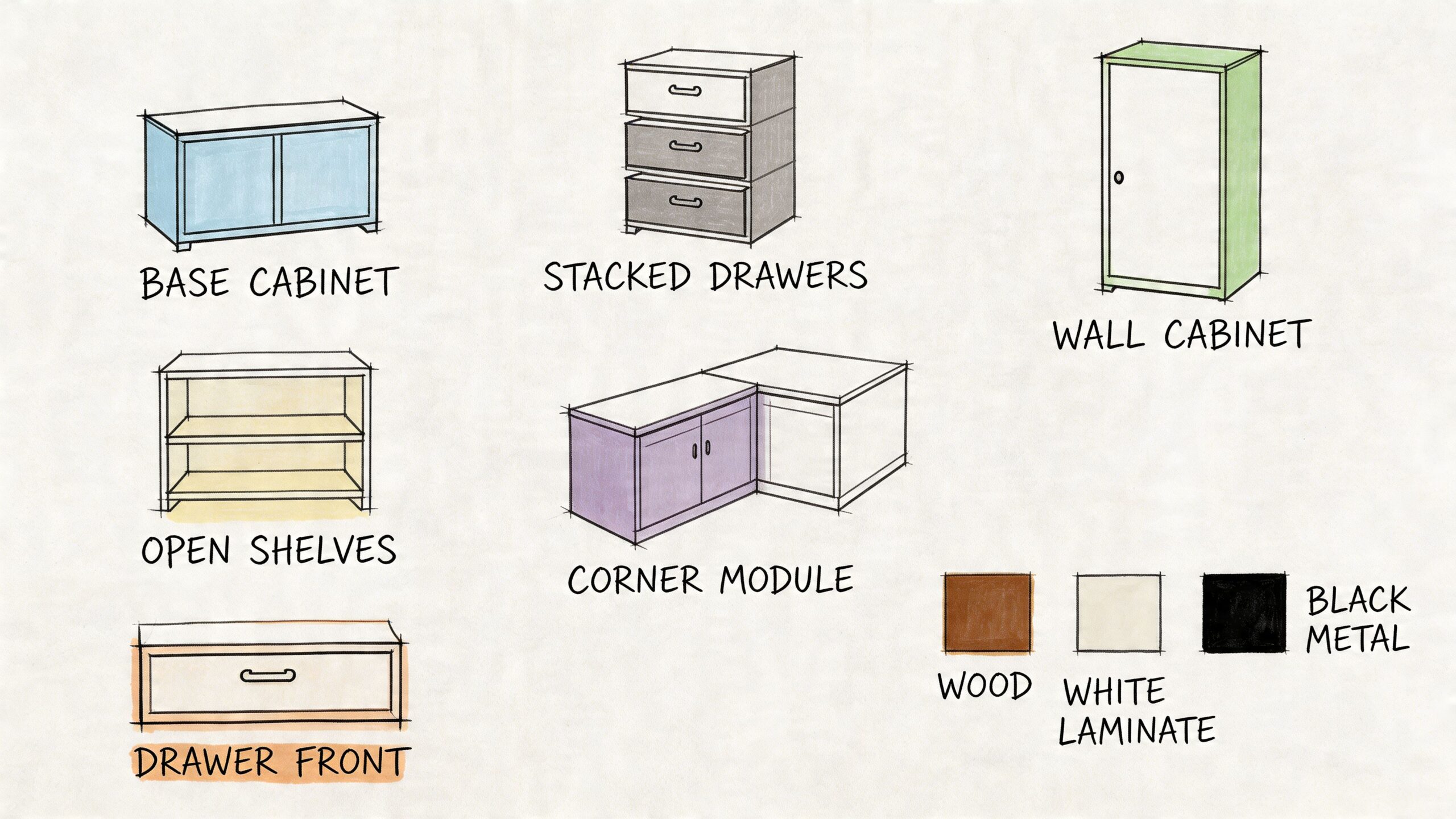 Illustration af forskellige skabskomponenter og materialemuligheder til modulopbyggede møbelløsninger og indretningsprojekter.