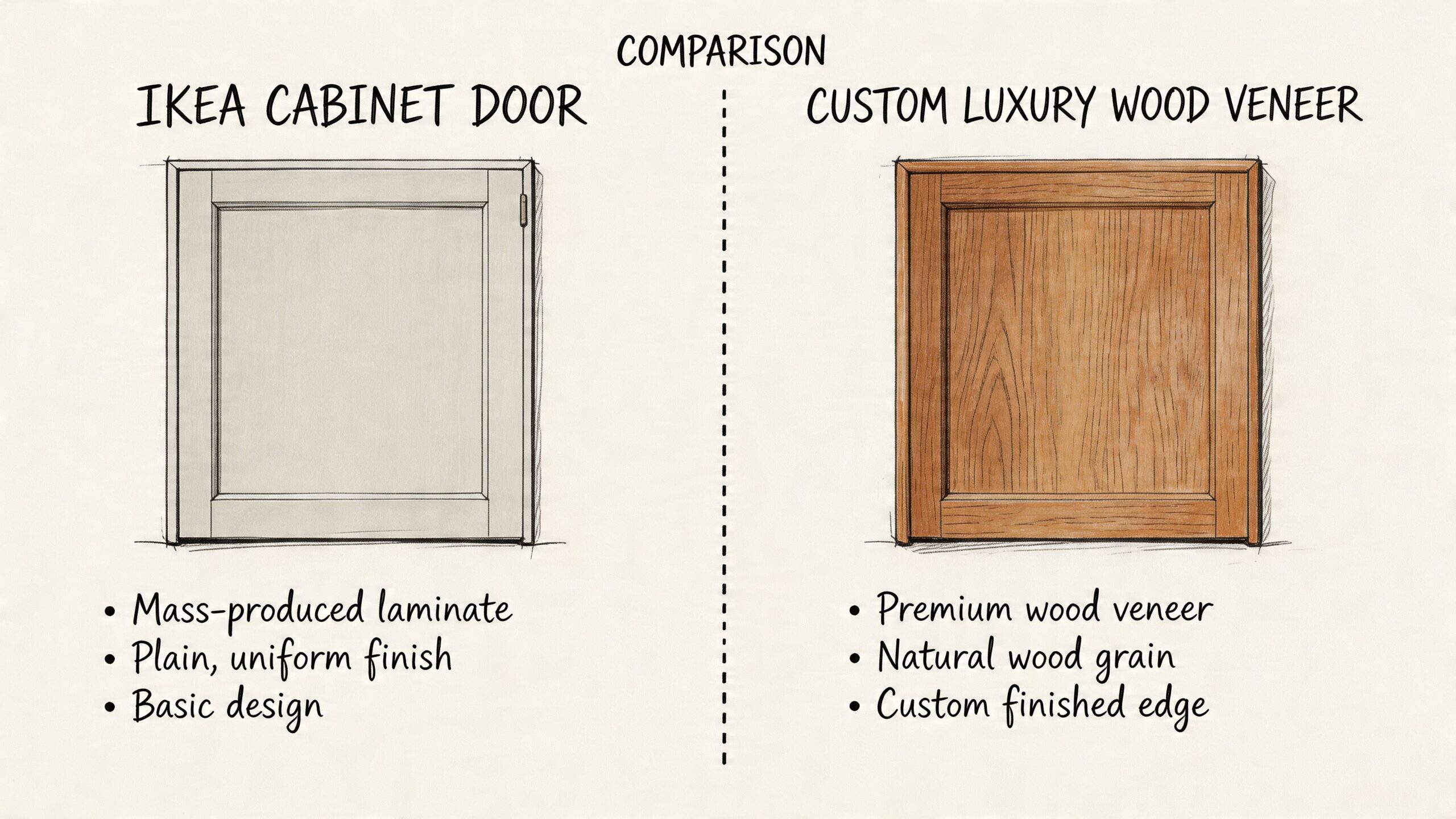 En sammenligning mellem en standard IKEA køkkenlåge og en eksklusiv specialfremstillet luksuslåge i træfiner.