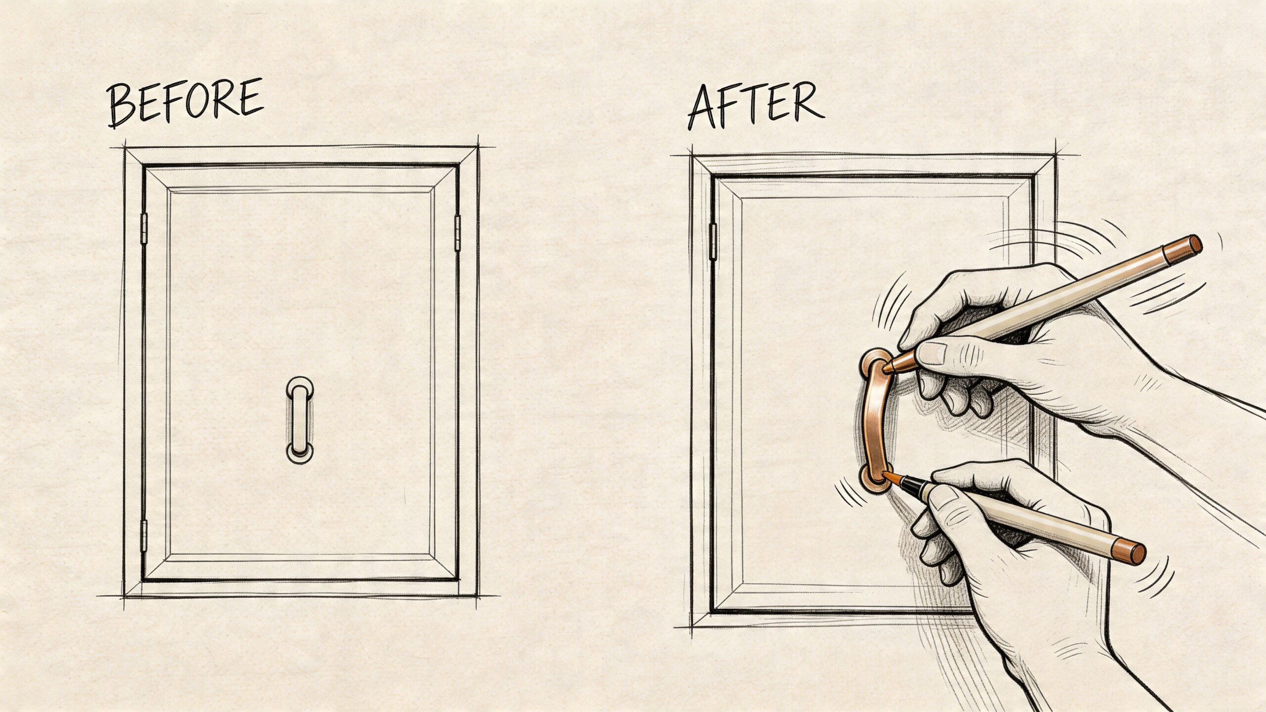 Illustration af montering af et nyt greb på en køkkenlåge før og efter processen med en pen.