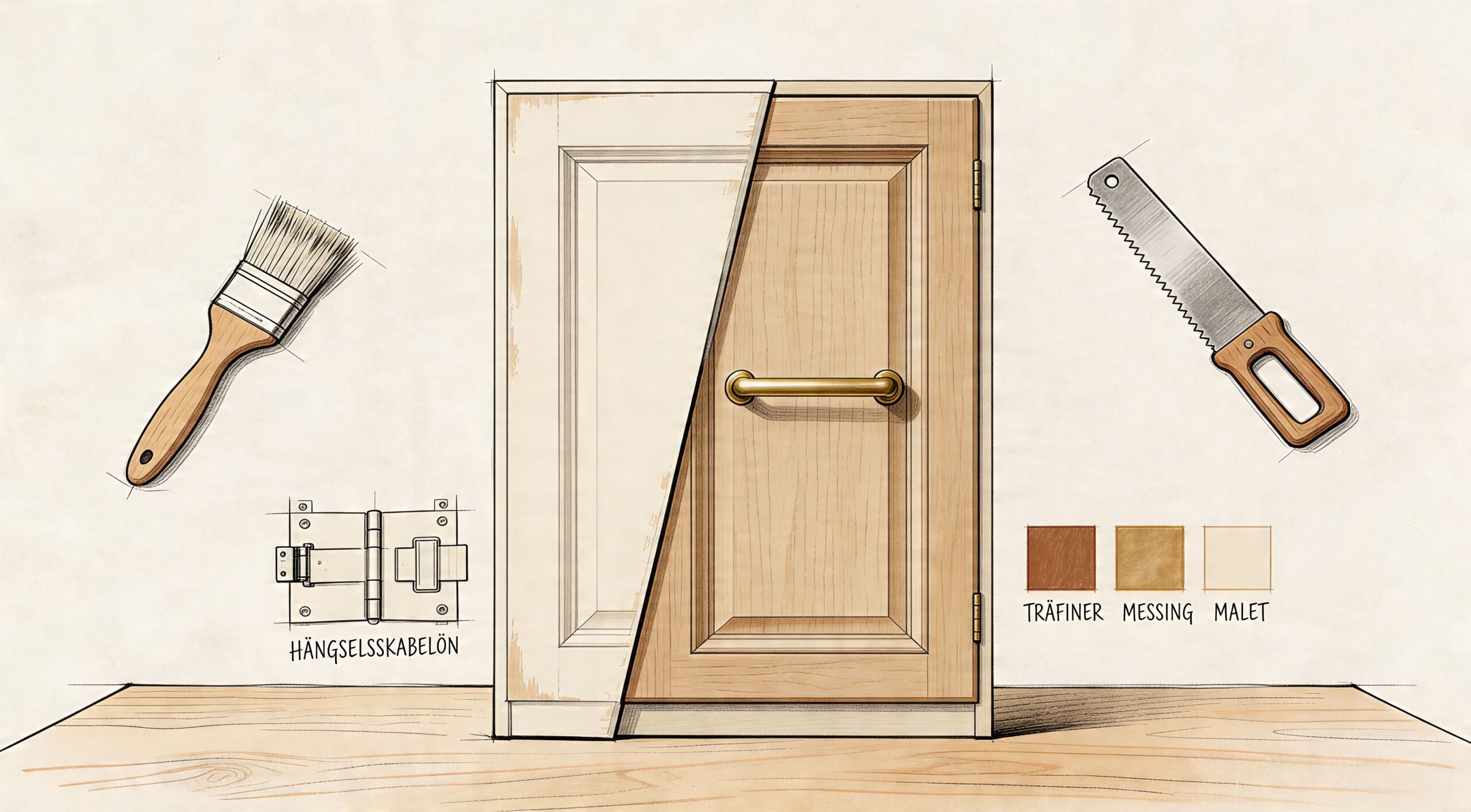 Snedkerarbejde med træskab, håndlavet trædør og værktøj til snedkeri.