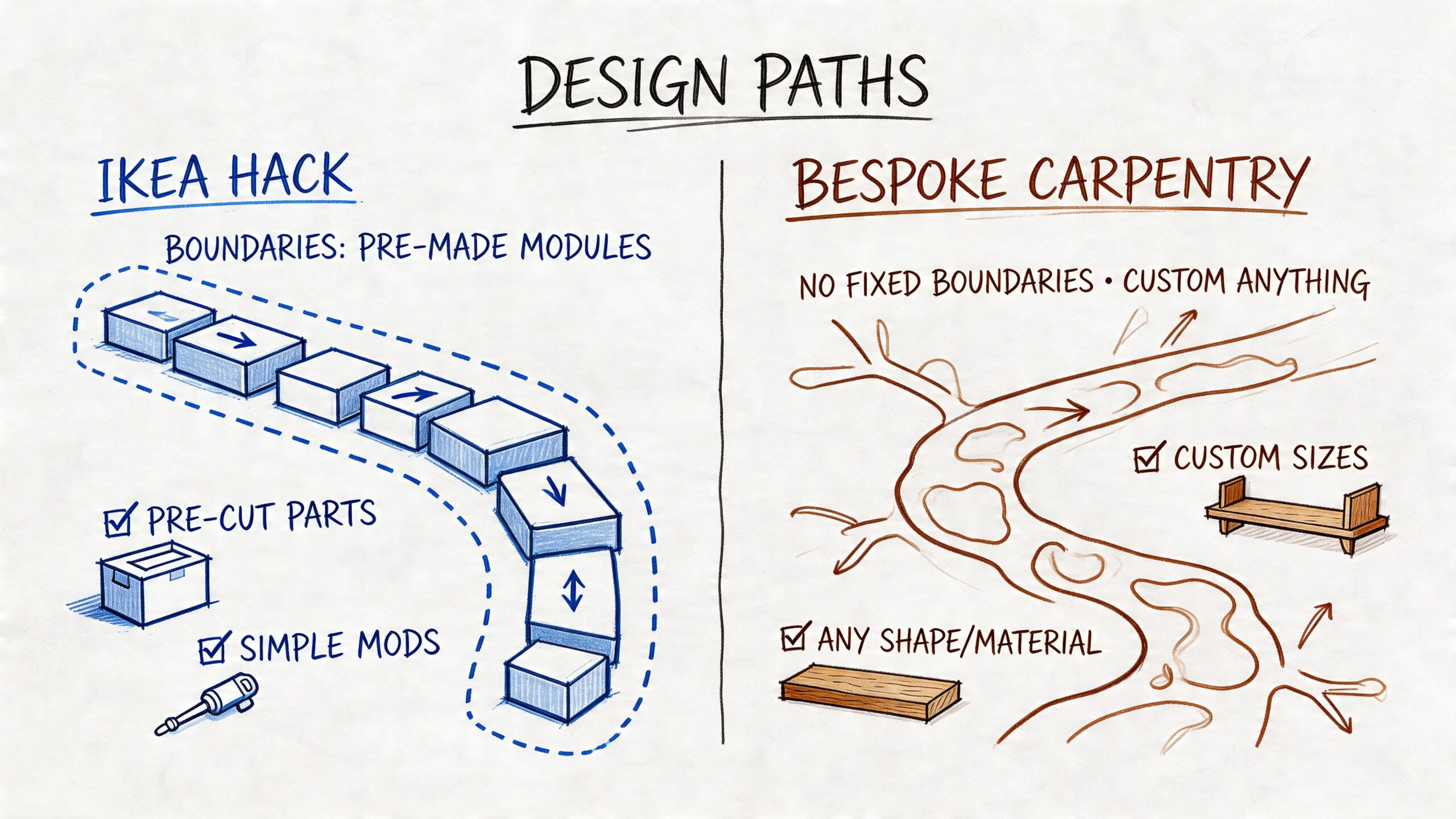 En illustration der sammenligner IKEA-hacks med specialfremstillet snedkerarbejde som to forskellige tilgange til boligindretning.