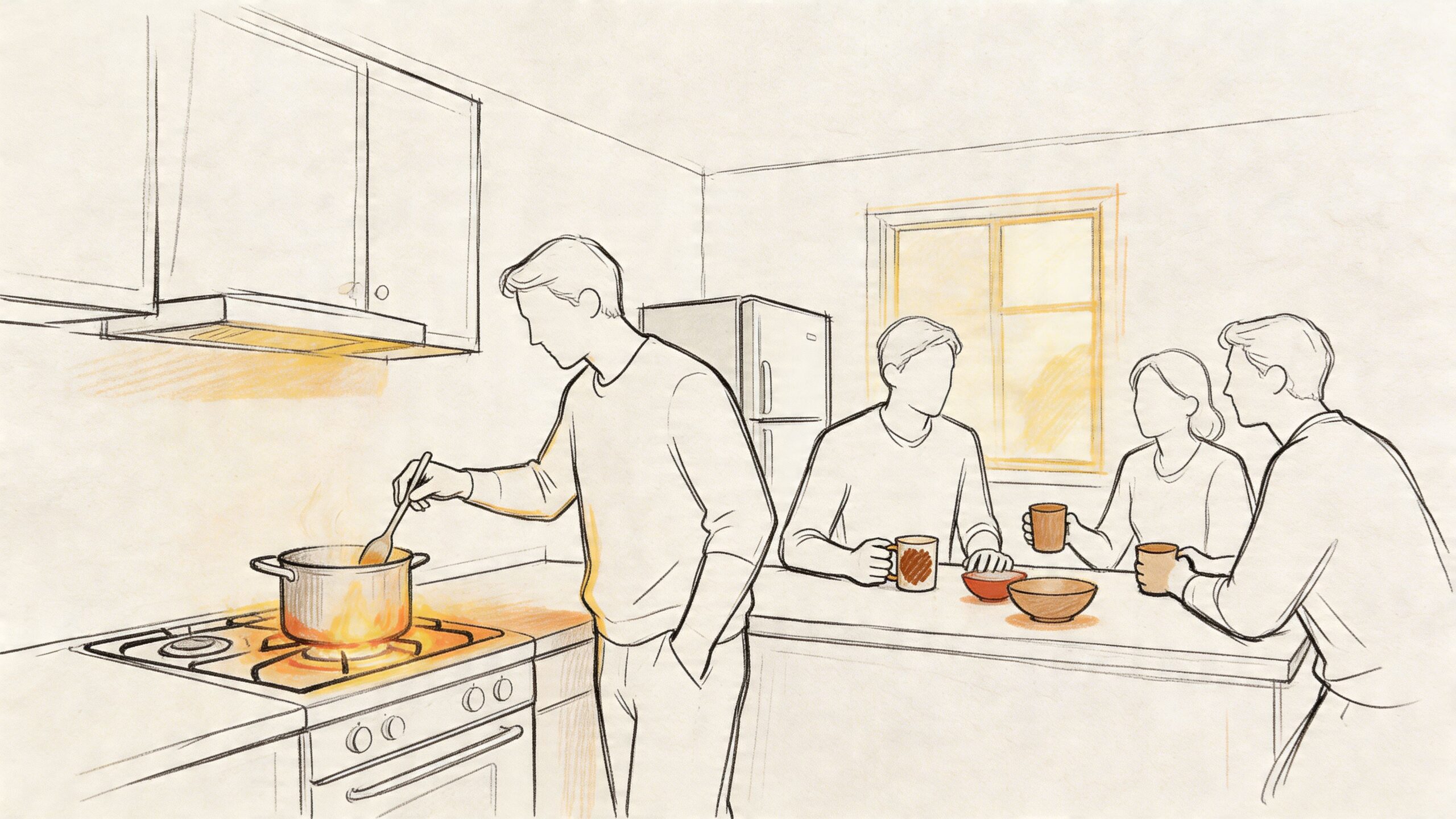 En familiehyggelig scene med en mand der laver mad på komfuret mens de andre drikker kaffe