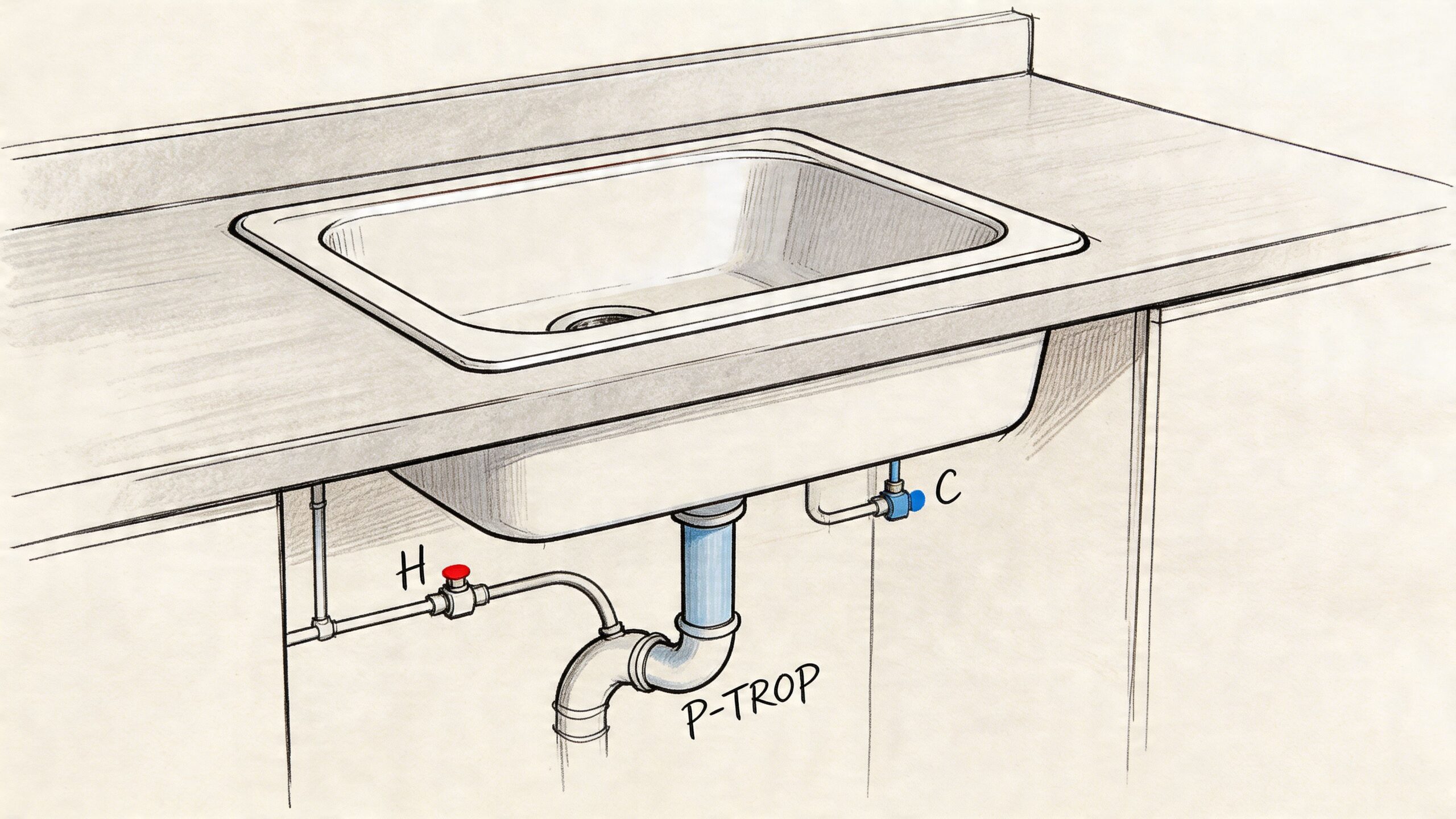 En illustration af vaskens rørsystem under køkkenbordet med markeringer for koldt og varmt vand samt vandlås.