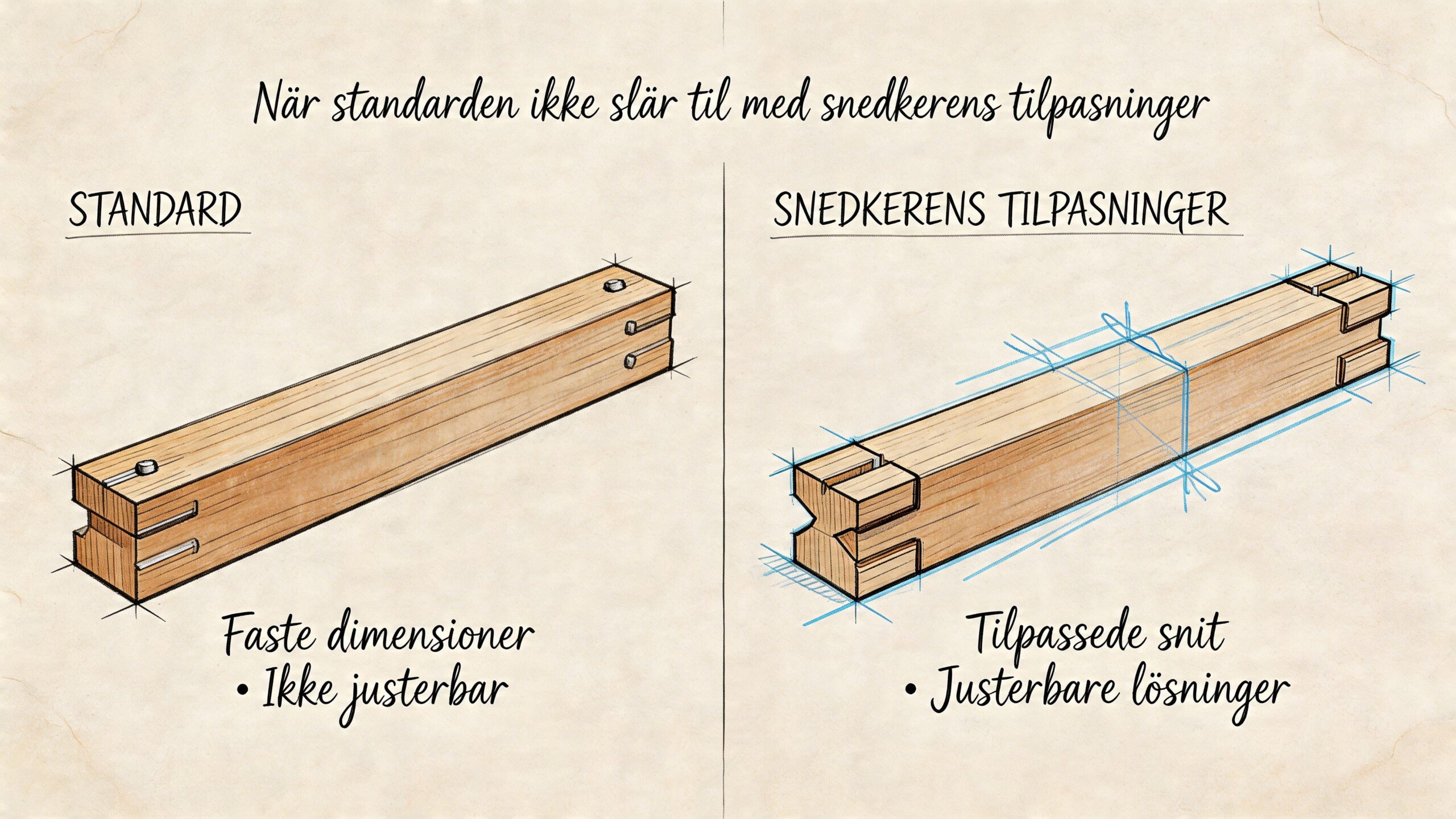 Illustration der sammenligner standarddimensioner med snedkerens fleksible tilpasninger af træstykker til møbelkonstruktioner.