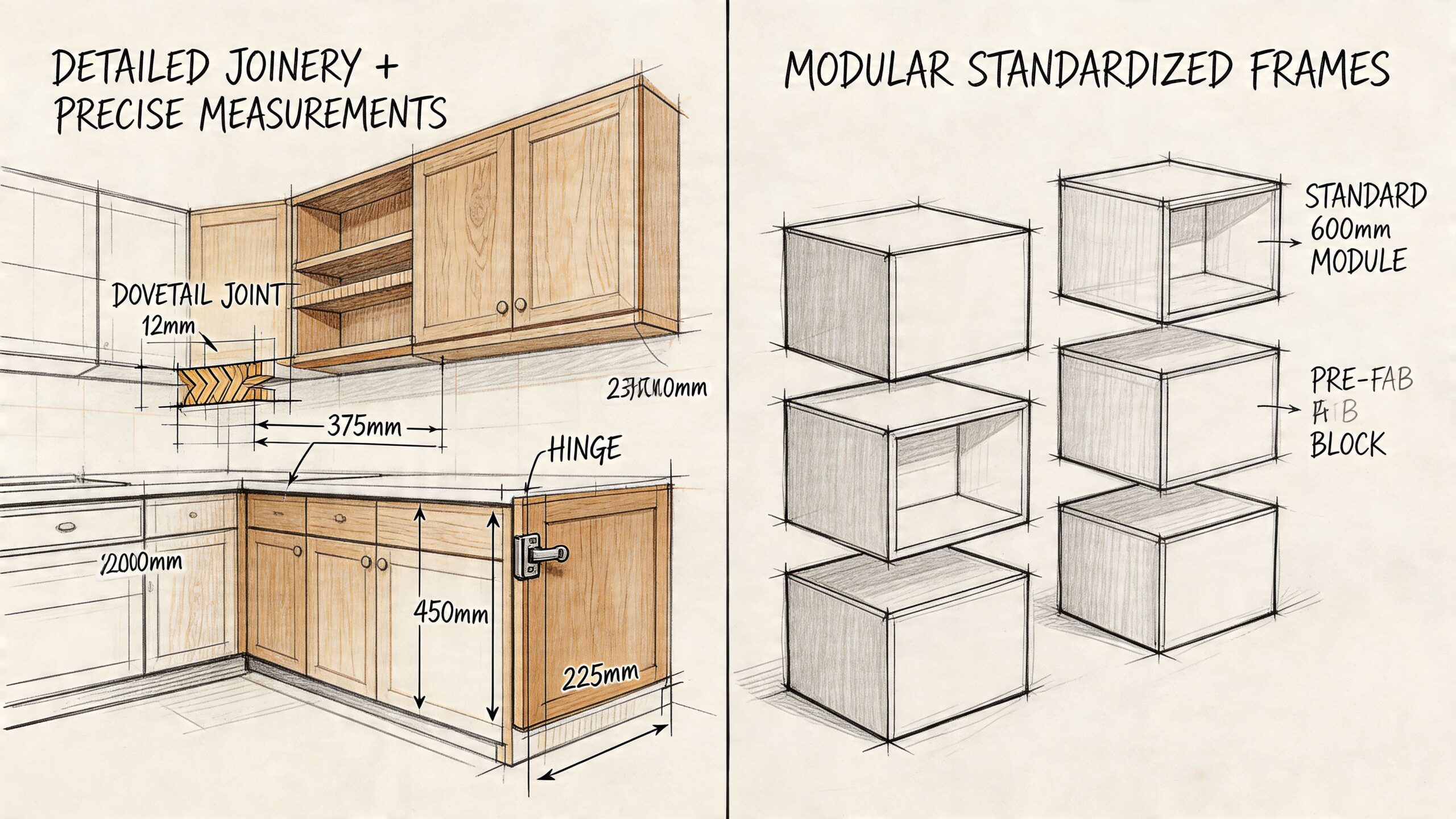 Illustration af køkkendesign med fokus på detaljerede træsamlinger og modulære standardiserede skabselementer til moderne køkkenindretning.