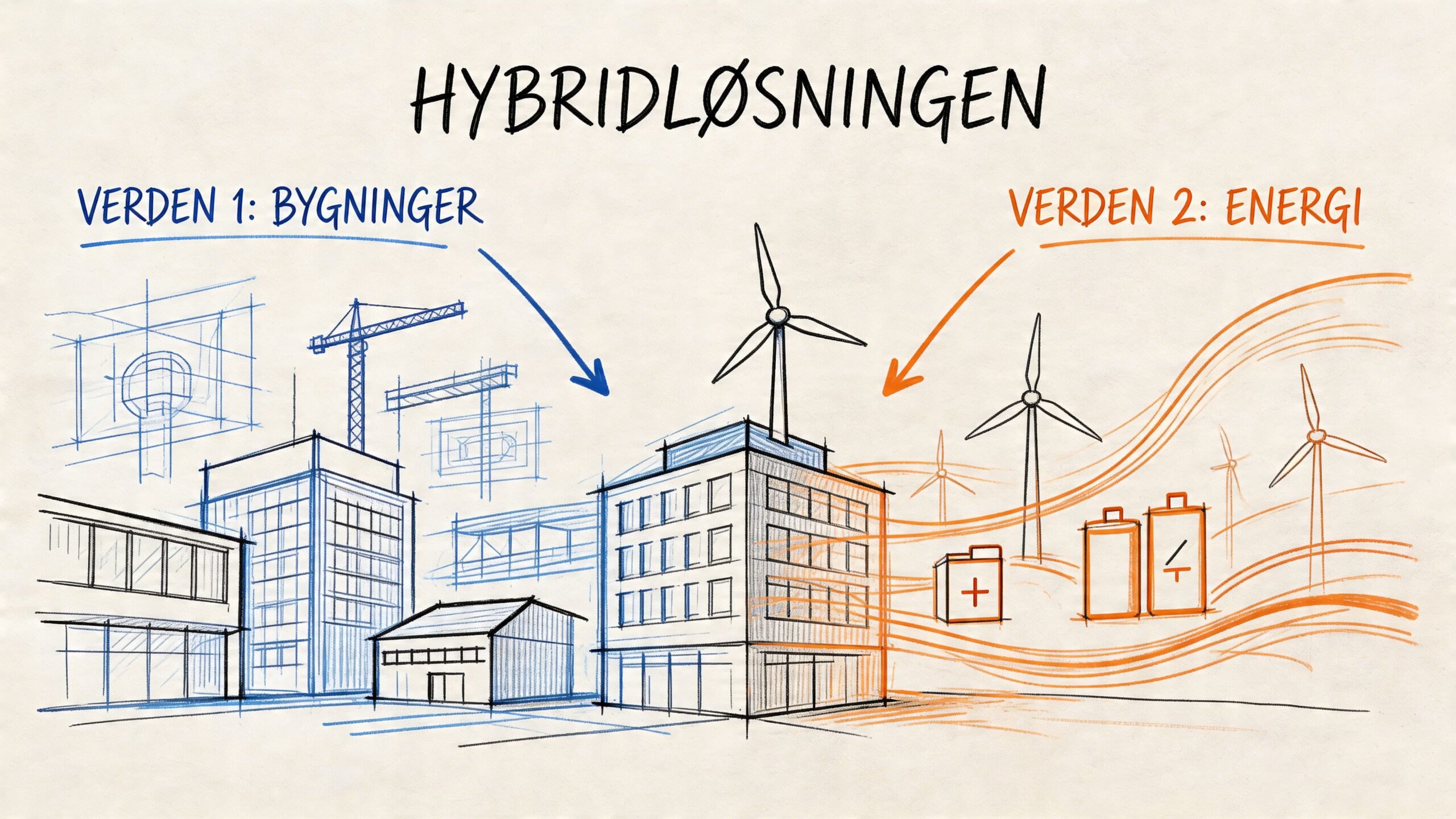 Illustration af hybridløsningen, der viser integrationen mellem byggeprojekter og vedvarende energikilder som vindmøller og batterier.