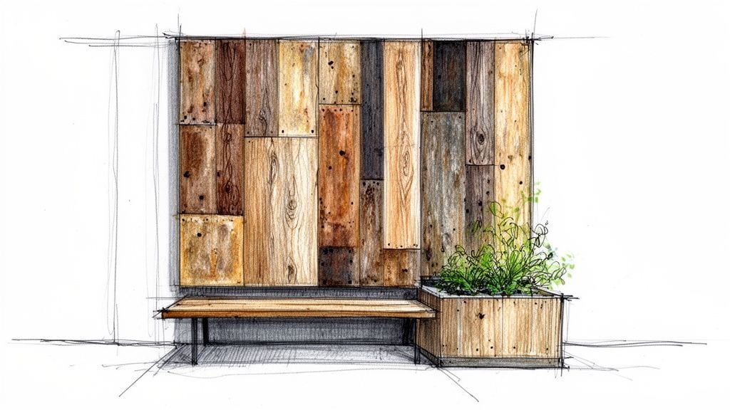 Illustration af en trævæg med en træbænk og en plantekasse med grønne planter.