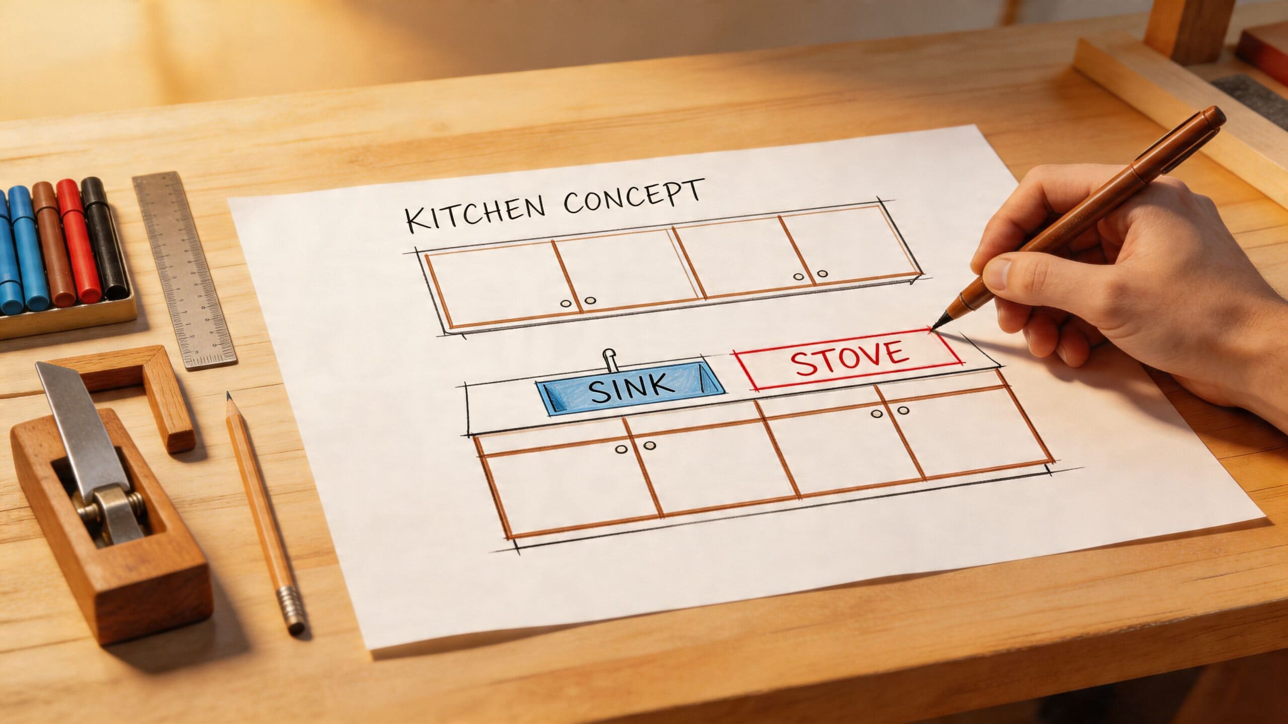 En person tegner et køkkendesign med vask og komfur på et papirark på et træbord.