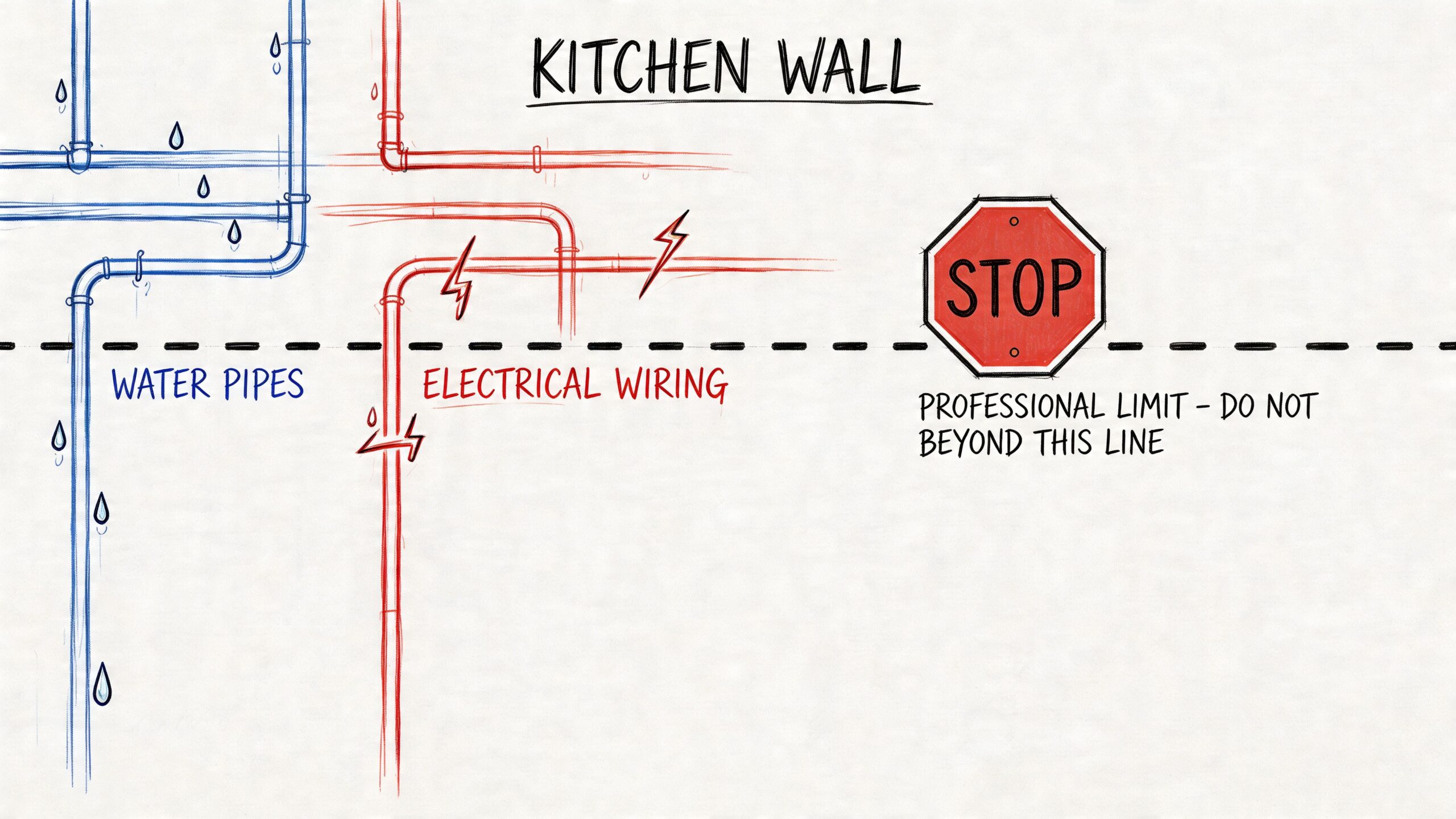 Illustration af en køkkenvæg med advarsel om vandrør og elektriske ledninger og en professionel grænselinje.