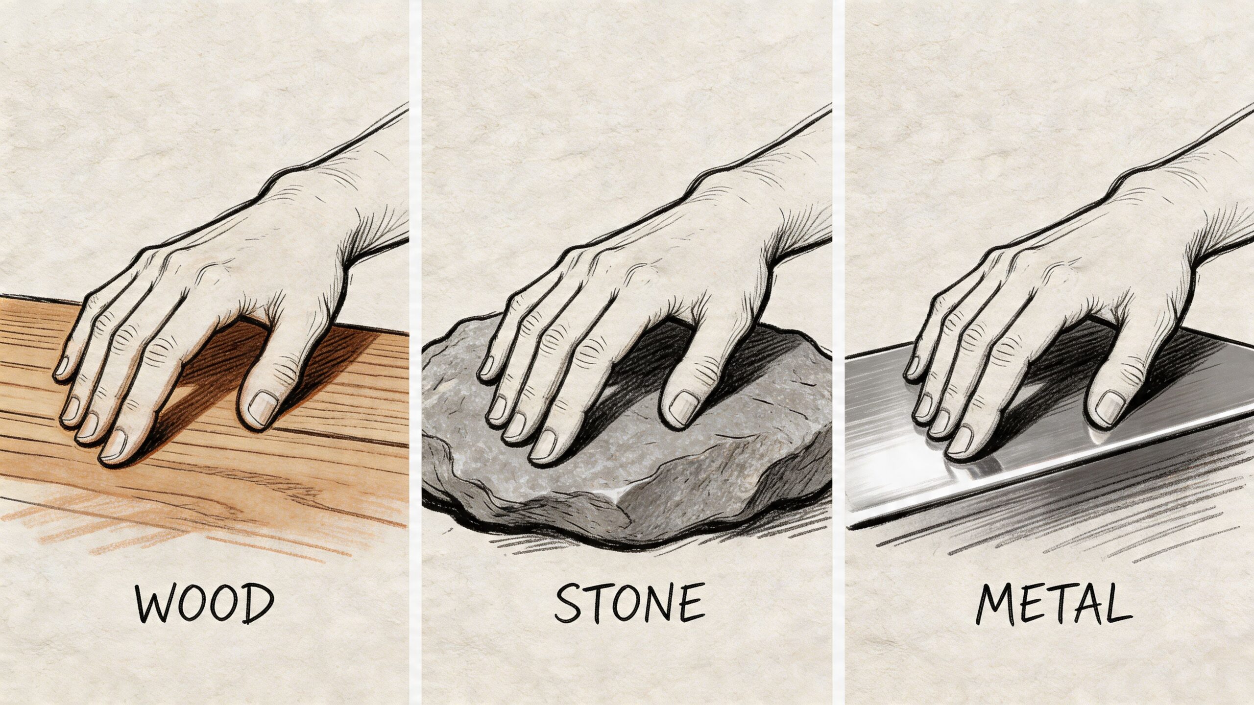 Illustration af en hånd, der rører ved overflader af træ, sten og metal for at føle teksturen.