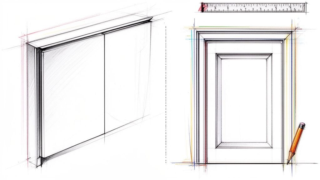 Detaljerede skitser af køkkenlåger med lineal og blyant, viser design og måling.