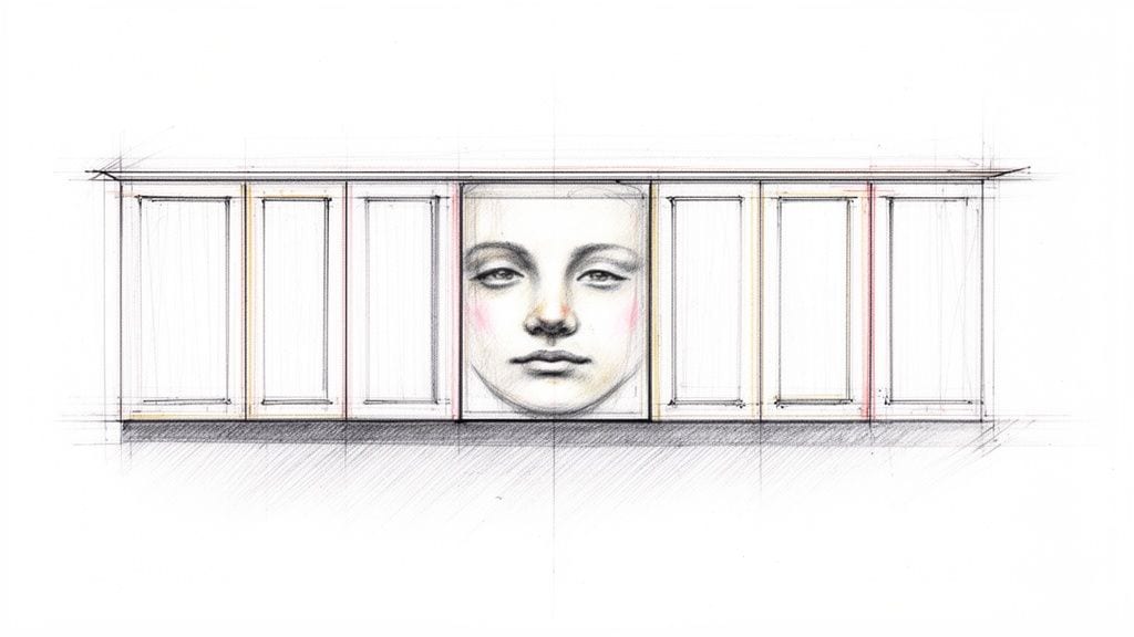 Tegning af køkkenlåger med et ansigt i midten, skitseret i blyant og farveblyanter.