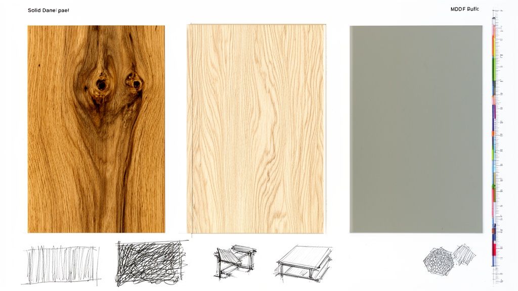 Billede viser tre materialeprøver: mørkt træ, lyst træ og gråt panel, med designskitser af møbler og teksturer nedenunder.