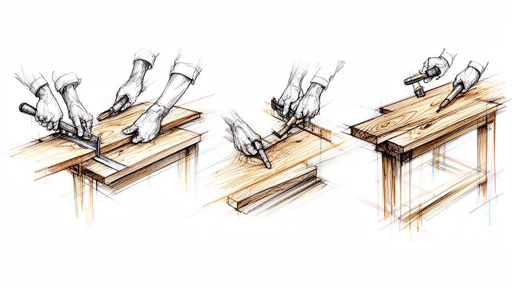 Illustration af en tømrer, der bruger værktøj til præcisionsarbejde på et træbord i tre forskellige trin.