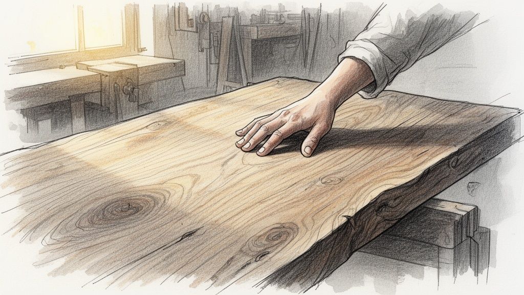 En hånd rører ved en smuk træplade af egetræ i et klassisk snedkerværksted med varmt lysindfald