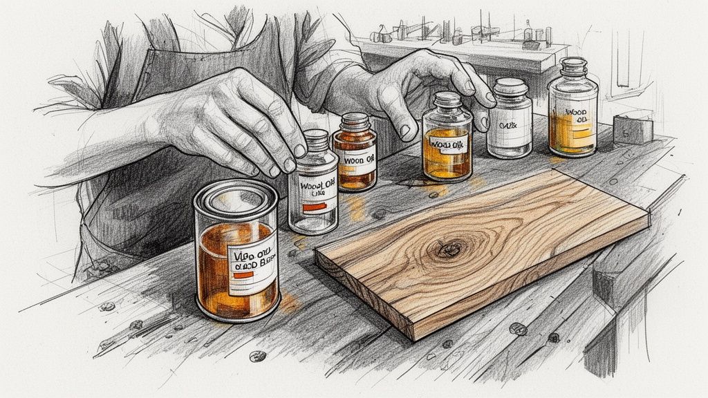 En snedker påfører oliebehandling på et stykke egetræ på sit værksted med forskellige flasker olie