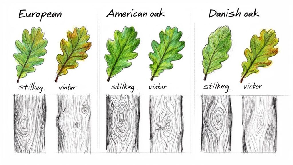 Illustration af blade og bark fra europæisk, amerikansk og dansk egetræ med visning af stilkeg og vintereg.