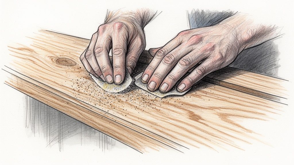 En person sliber overfladen på et stykke egetræ med sandpapir som led i oliebehandlingen af træet.