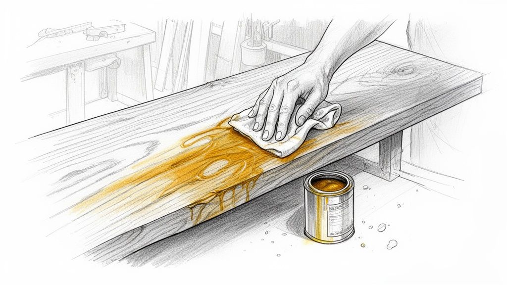 Snedker arbejder med træ, sliber og polerer overfladen for et perfekt resultat.