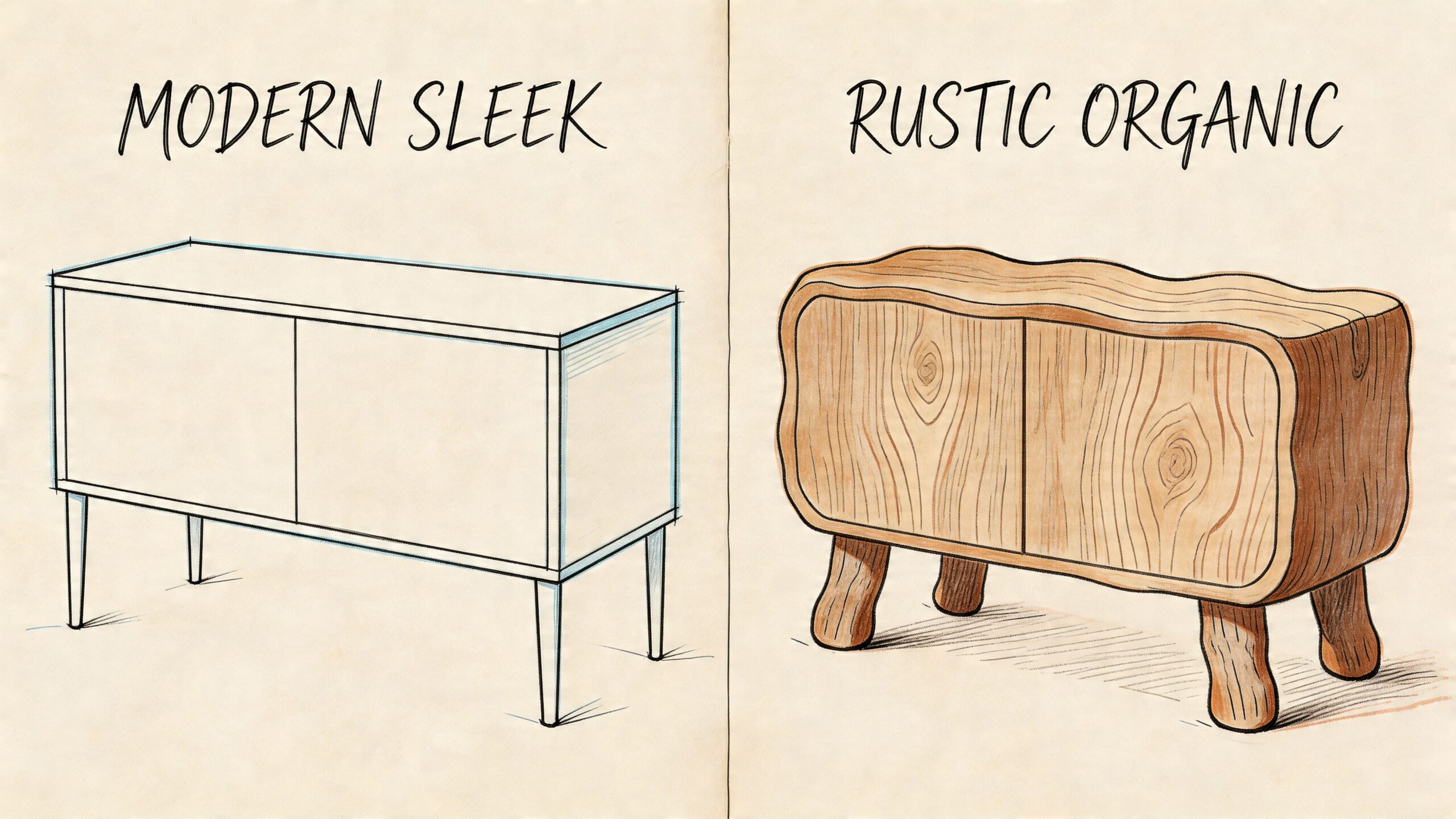 Illustration af to forskellige skænke i massivt egetræ, der viser moderne stil mod rustik organisk stil.