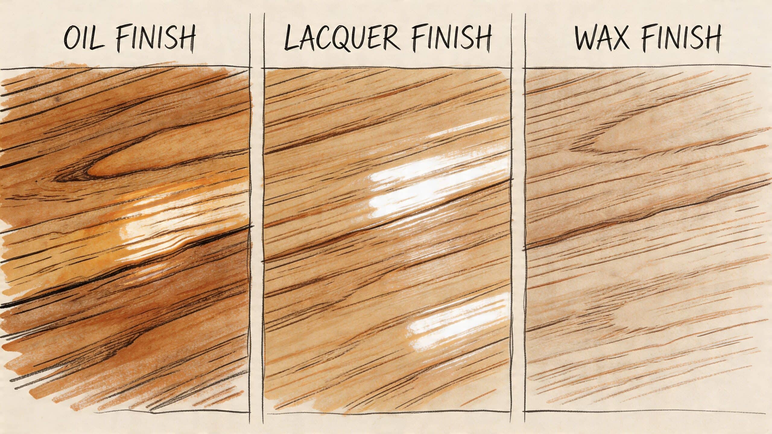 Illustration af træoverflader med olie-, lak- og voksfinish, der viser forskelle i glans og tekstur.