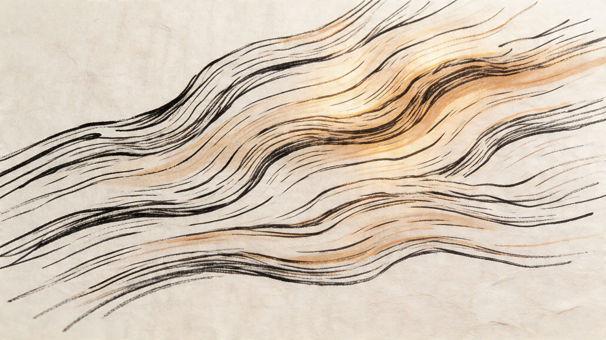 En kunstnerisk illustration af træårer eller bølgende linjer i nuancer af sort og brun på papir.