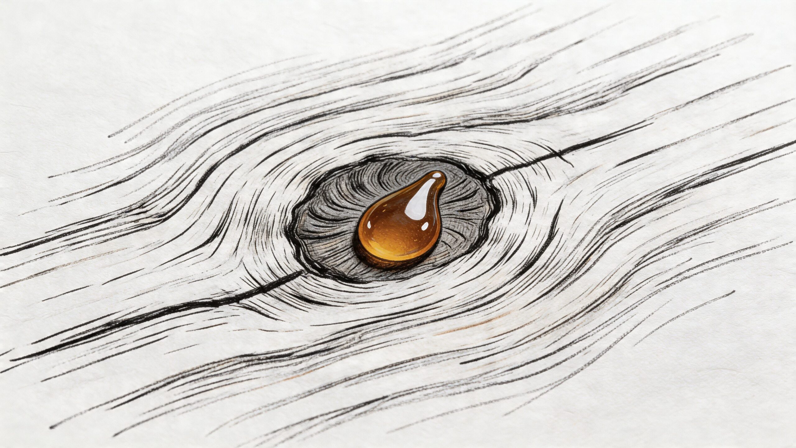 En kunstnerisk tegning af træårer med en realistisk gylden harpiksdråbe, der ligger oven på knasten i træet.