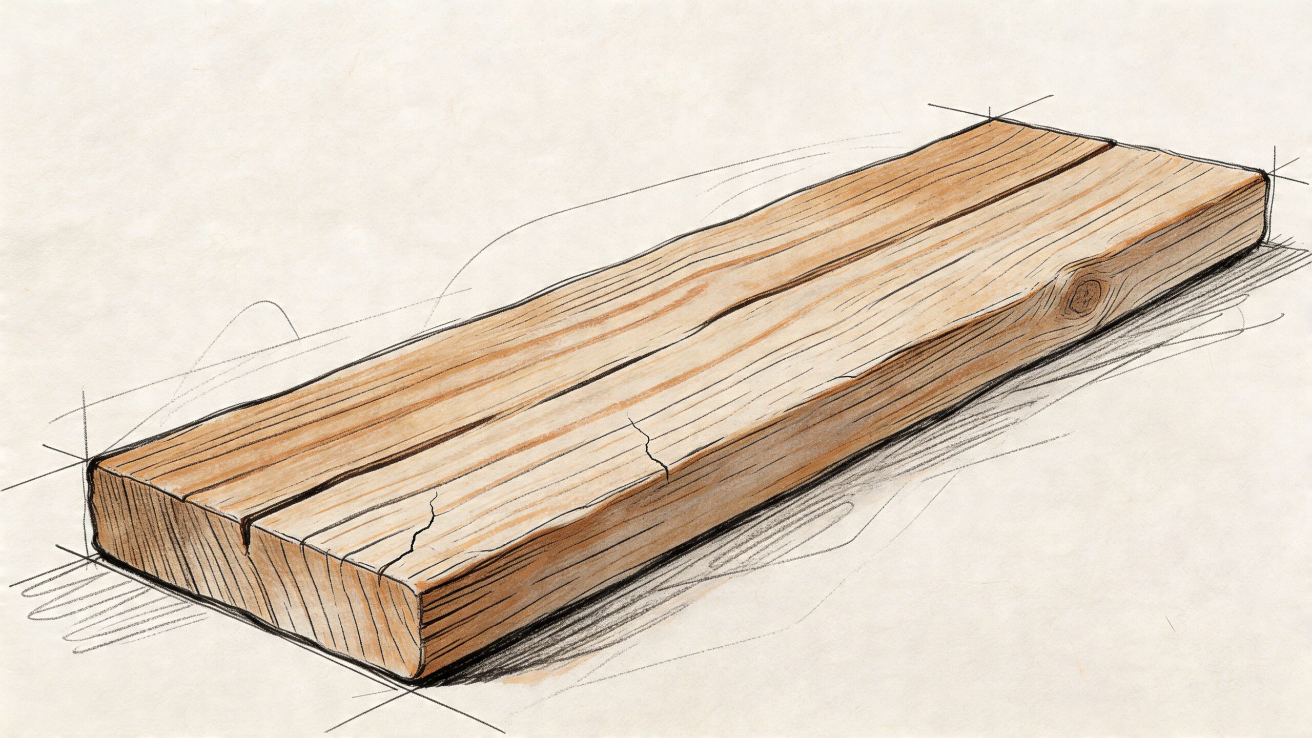 En detaljeret skitsetegning af en tyk fyrretræsplanke med synlige årer og en tydelig knast i træet.