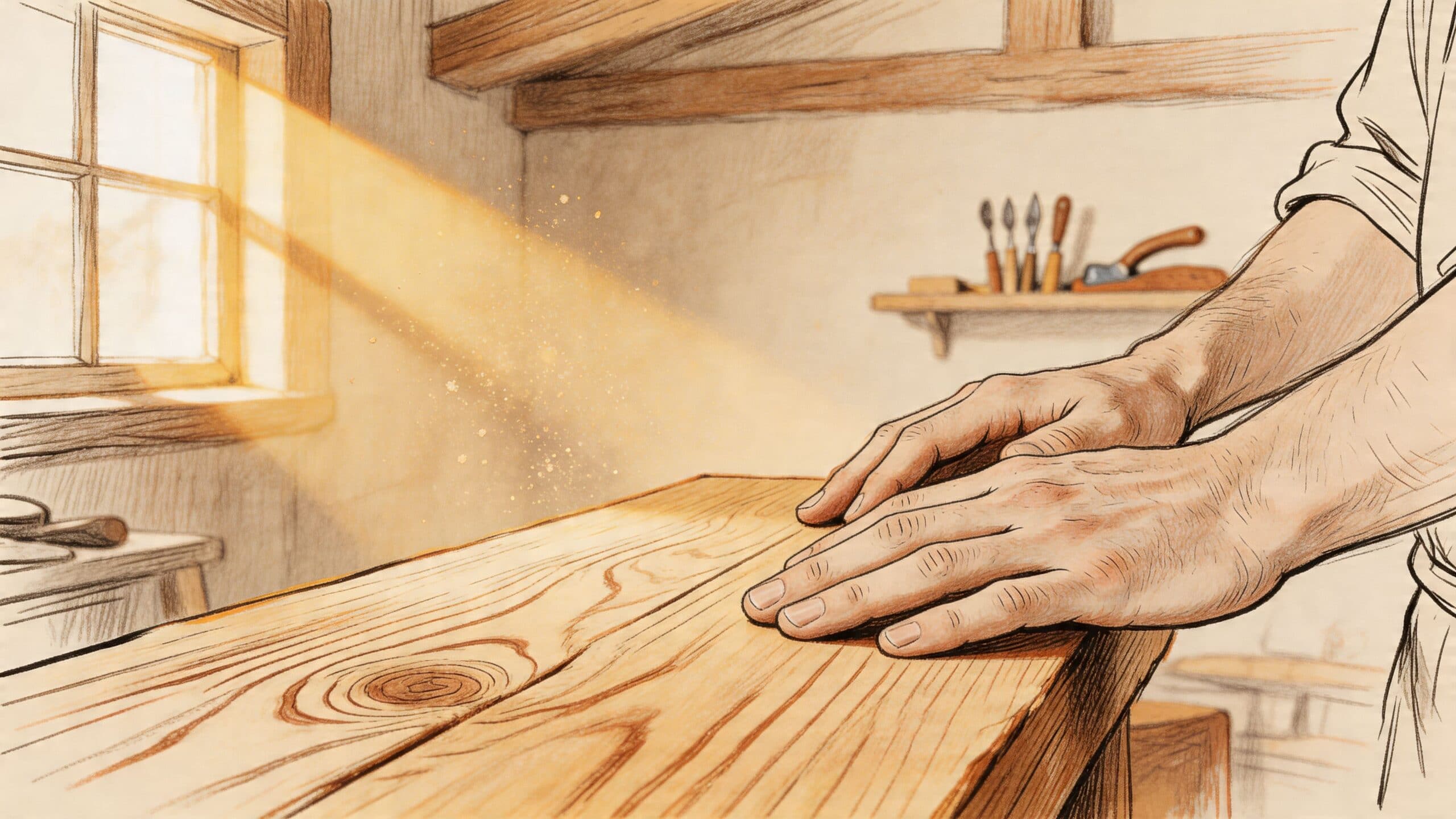 En snedker mærker efter overfladen på en glat, nyslebet plade af fyrretræ i et soloplyst værksted.