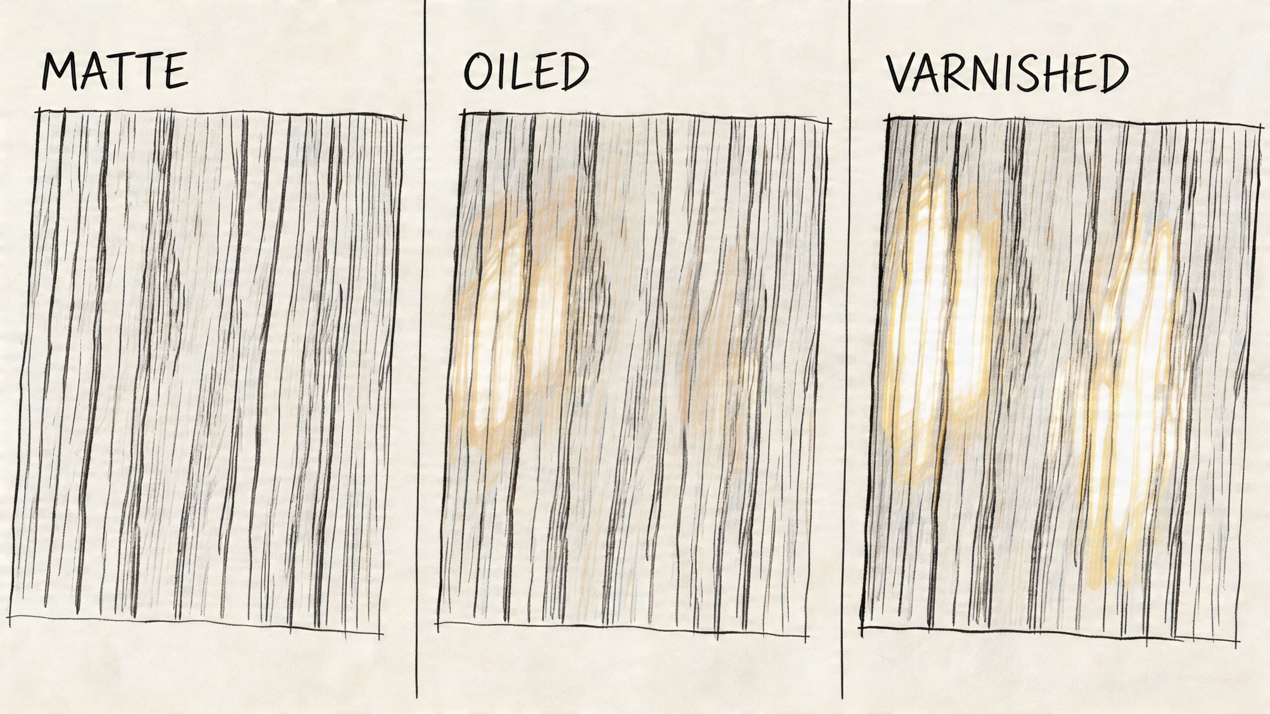 Illustration der viser forskellen mellem mat, olieret og lakeret træoverflade med tydelige forskelle i glans og finish.