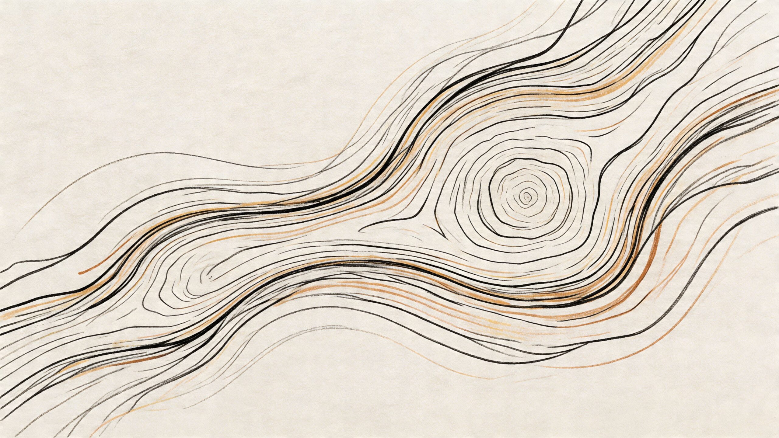 Abstrakt tegning af træårer med brune og sorte linjer på en lys, tekstureret baggrund, der ligner træstruktur.