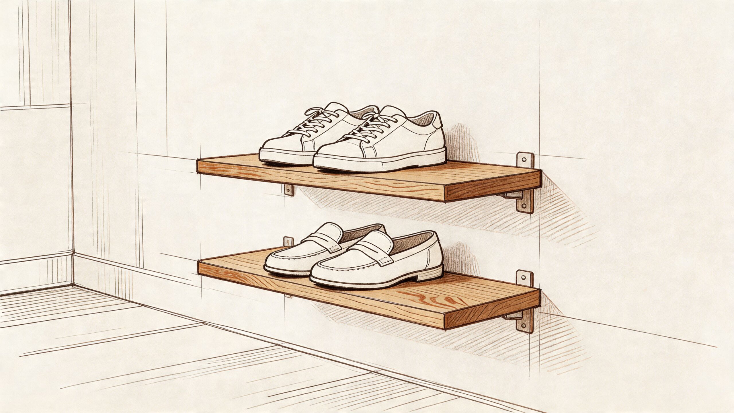 Snedkerarbejde med vægmonterede hylder, håndlavede træhylder til opbevaring.