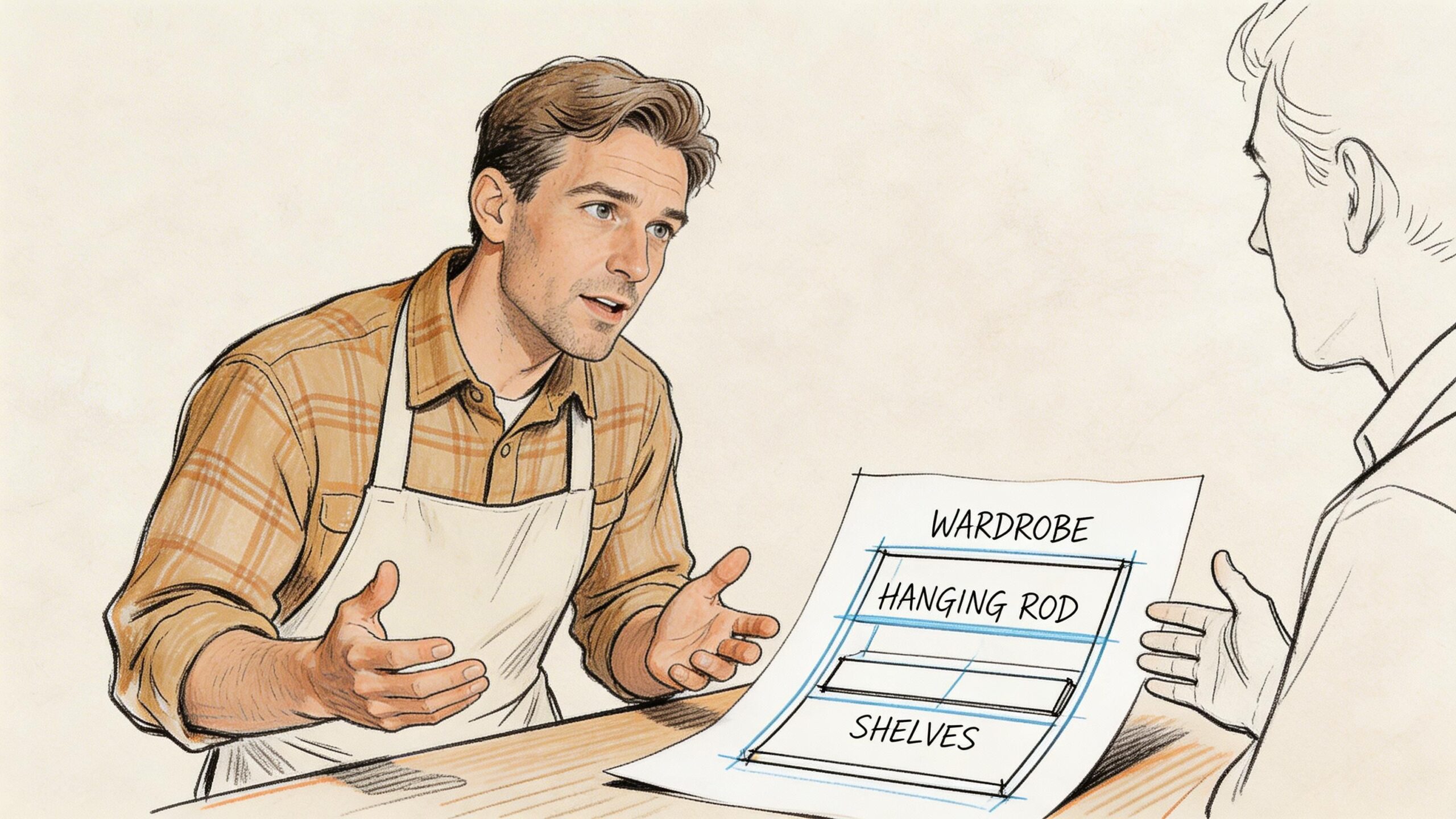 En snedker forklarer en kunde designet af et garderobeskab med bøjlestang og hylder via en skitse.