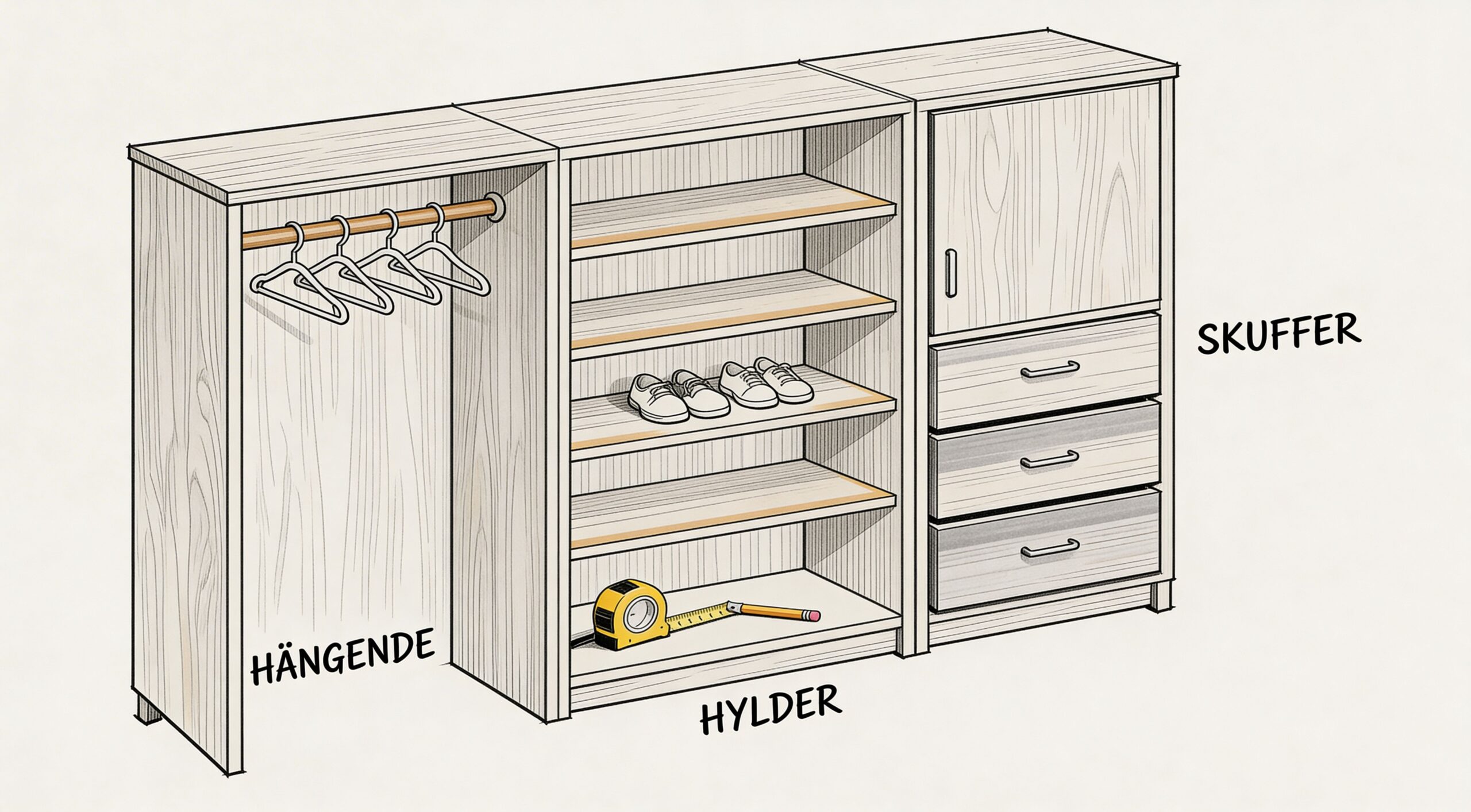 Skræddersyet snedkerarbejde til opbevaringsløsning med hylder, skuffer og hængende plads.