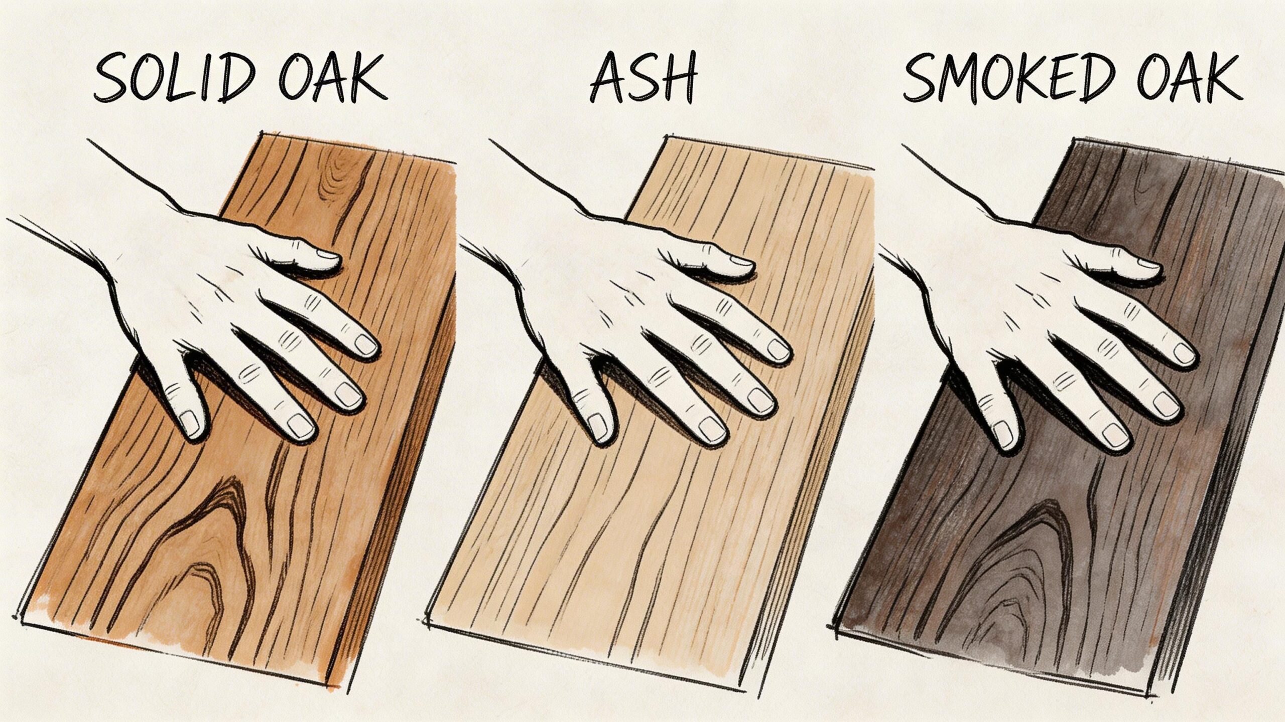 Illustration af tre forskellige typer træsorter, massiv eg, ask og røget eg, vist med en hånd ovenpå.