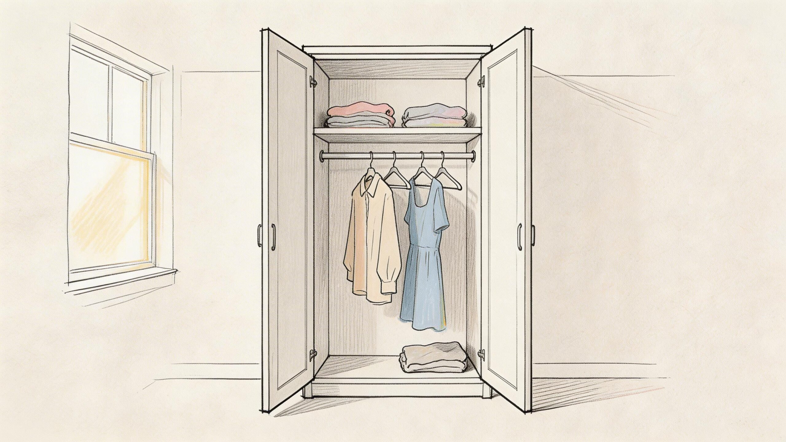 En tegning af et åbent garderobeskab med ophængt tøj, sammenfoldede trøjer og et vindue i baggrunden.