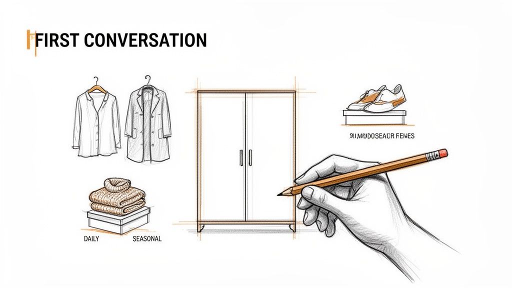 En hånd tegner skitser af en garderobe, tøj som skjorter, frakker, trøjer og sko, under teksten 'FIRST CONVERSATION'.